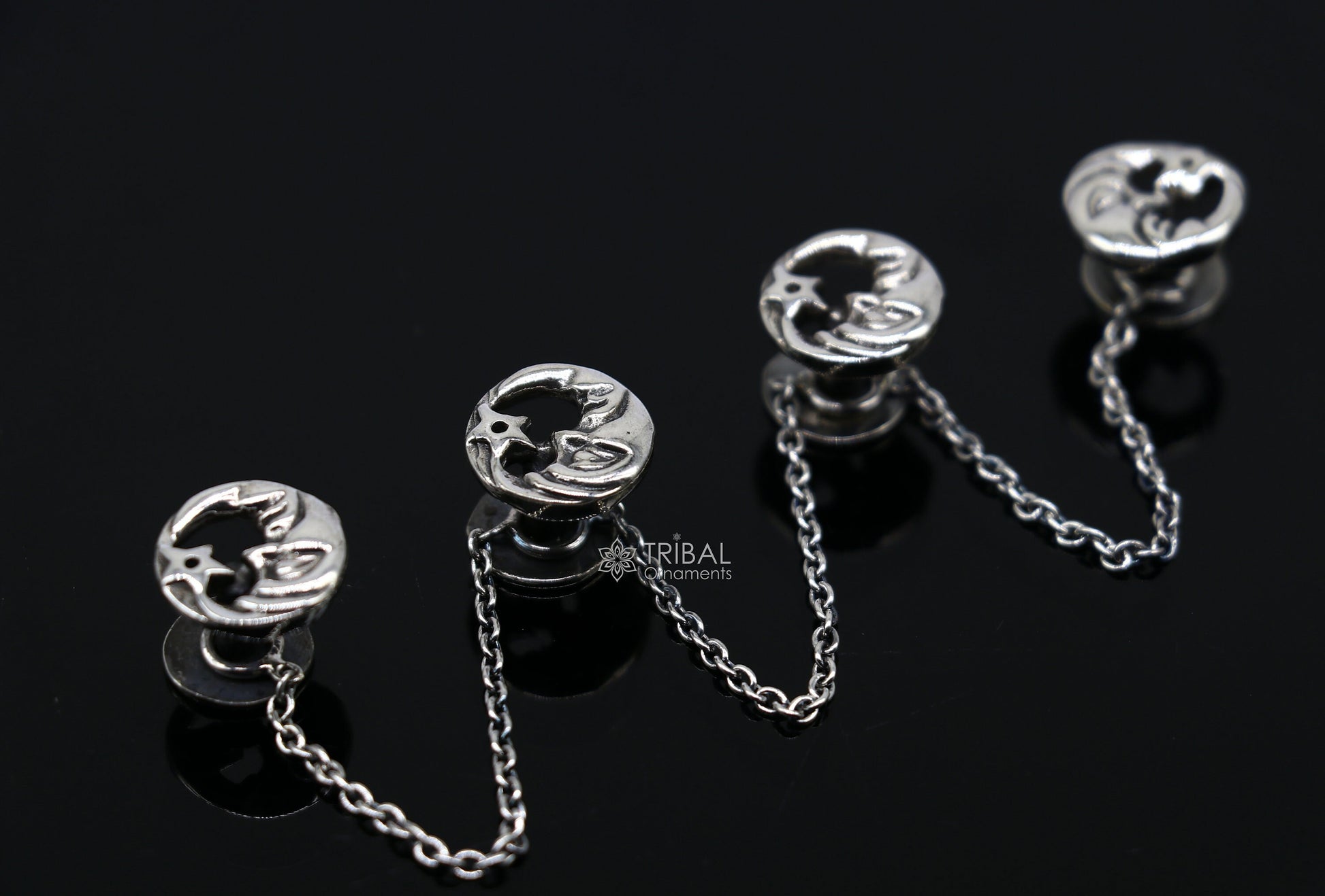 Moon and star design 925 Sterling Silver set of 4 kurta Buttons for Fashion Perfection, silver cufflinks, cultural trendy jewelry btn46 - TRIBAL ORNAMENTS