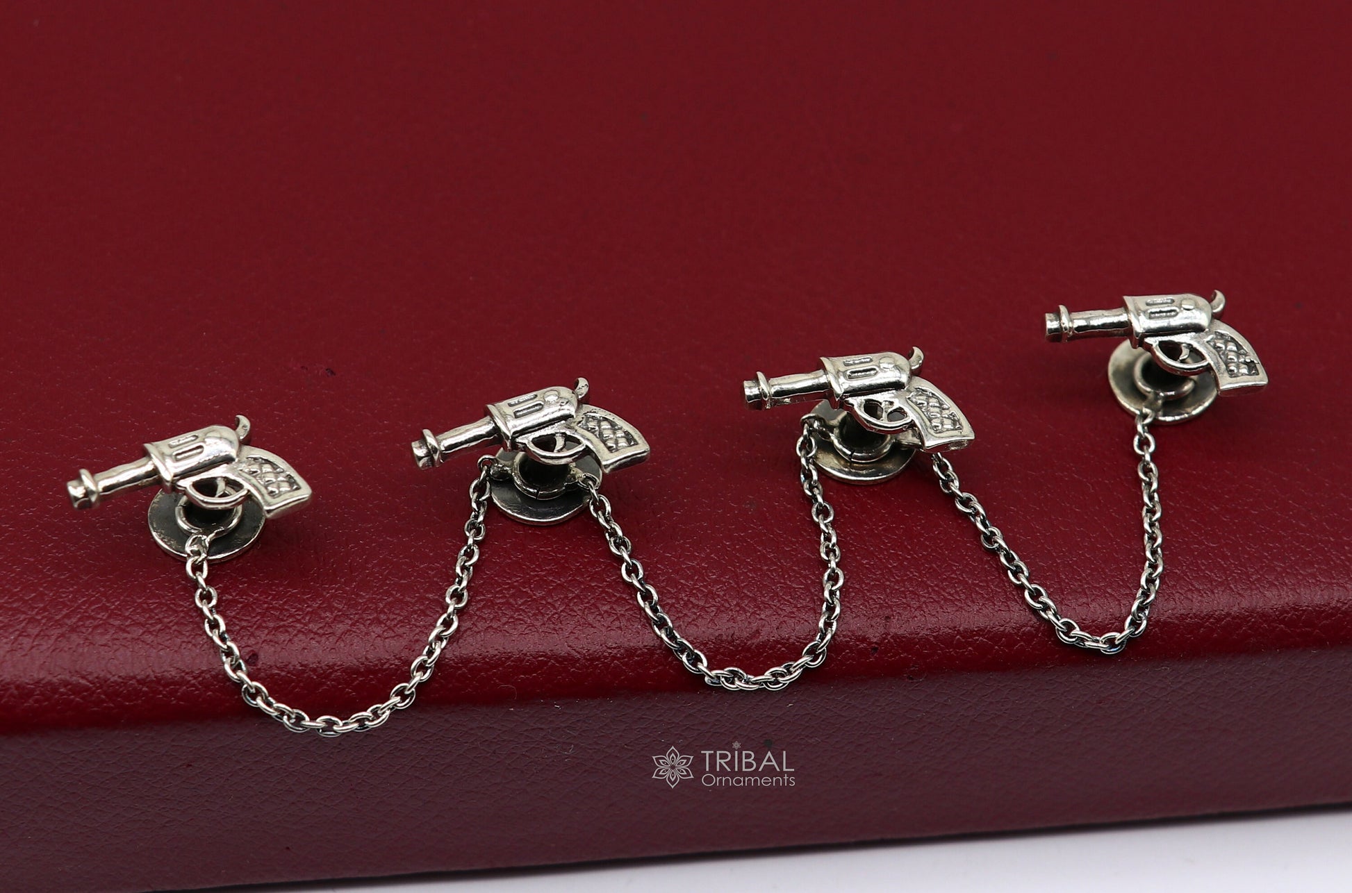 Gun design 925 Sterling Silver set of 4 kurta Buttons for Fashion Perfection, silver cufflinks, cultural trendy jewelry btn48 - TRIBAL ORNAMENTS