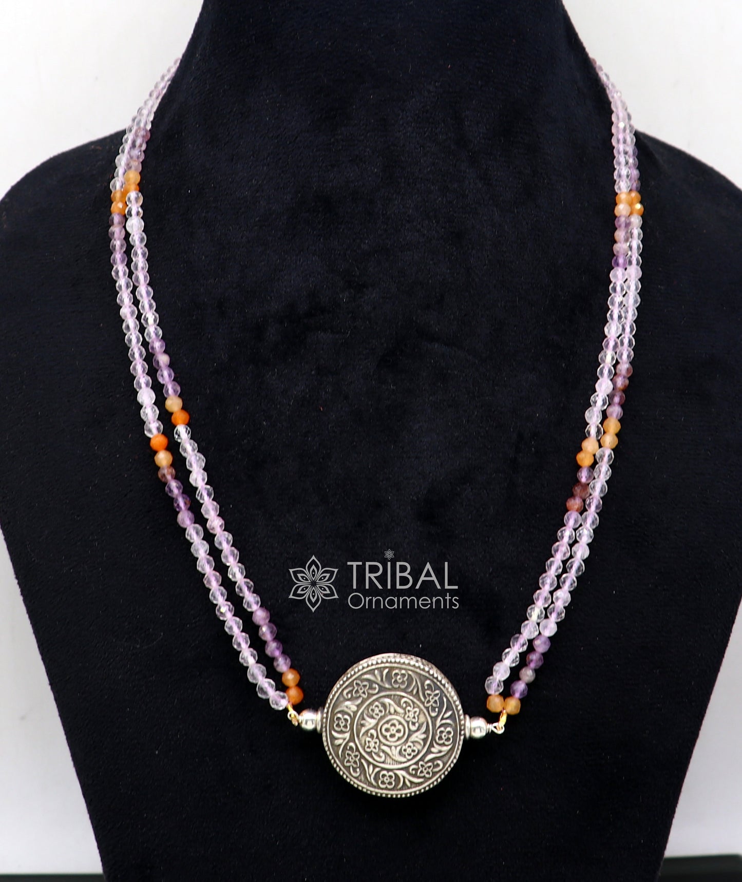 Indian traditional cultural style trendy natural multicolor stone beaded 925 sterling silver necklace, choker tribal ethnic jewelry set611 - TRIBAL ORNAMENTS
