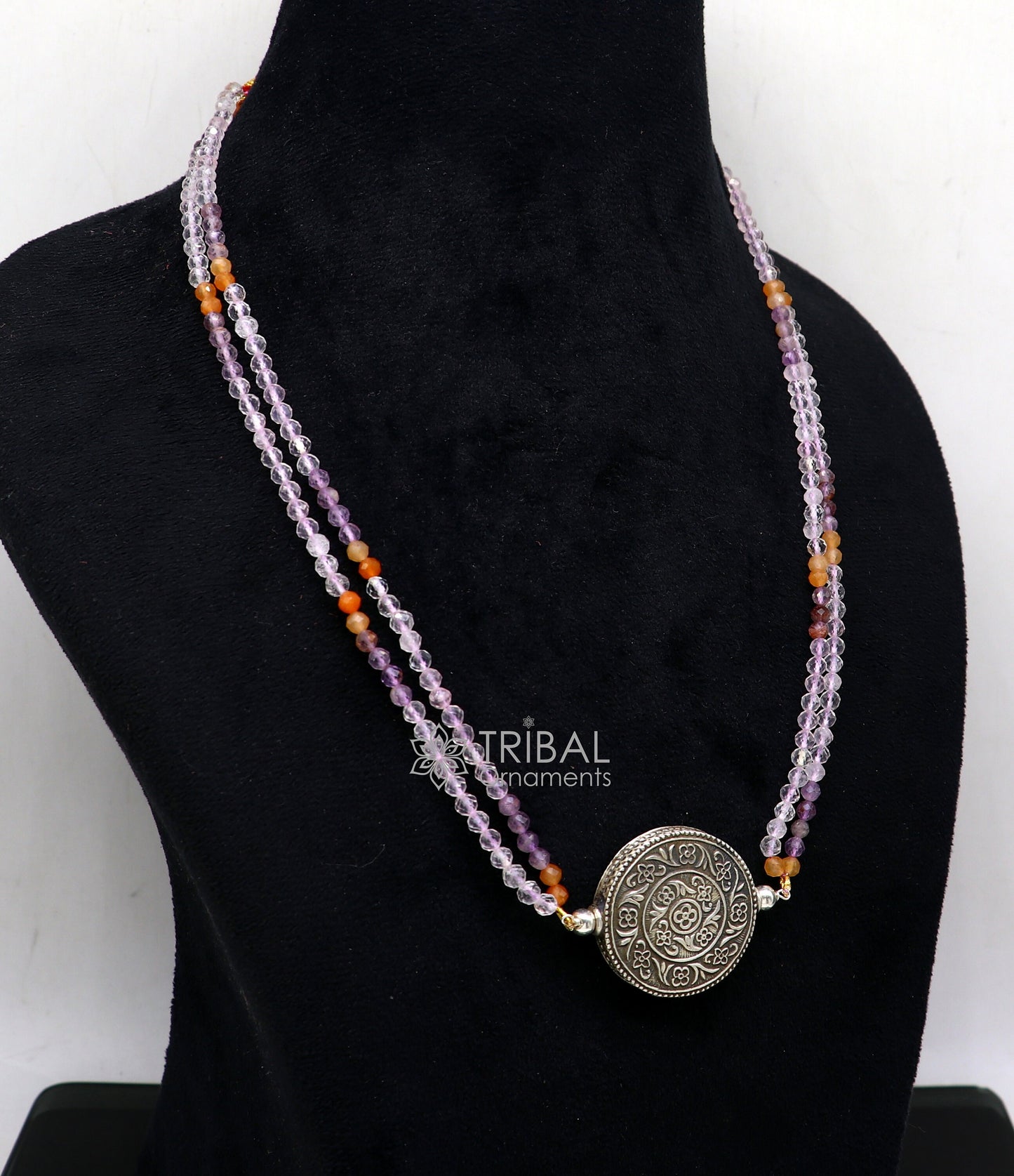 Indian traditional cultural style trendy natural multicolor stone beaded 925 sterling silver necklace, choker tribal ethnic jewelry set611 - TRIBAL ORNAMENTS