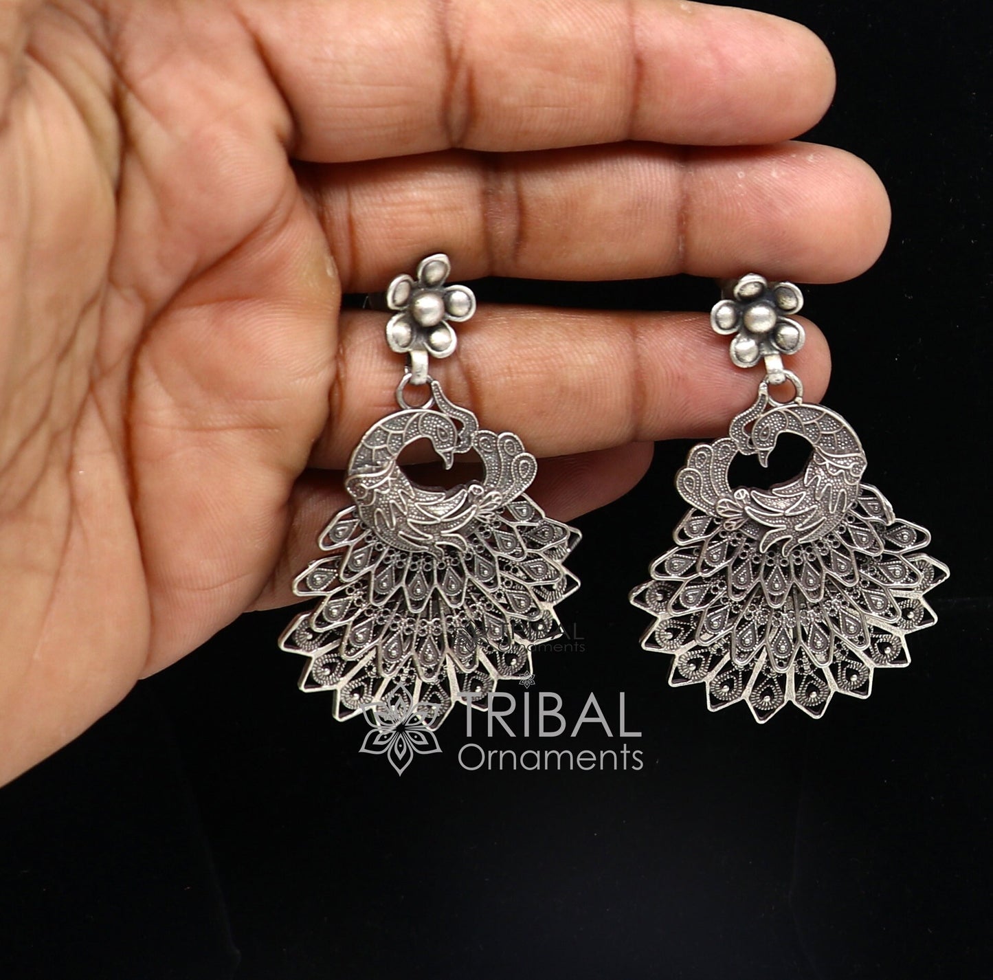 Modern trendy peacock design handmade 925 sterling silver fabulous filigree work Drop dangle stud earrings tribal ethnic jewelry india s1197 - TRIBAL ORNAMENTS