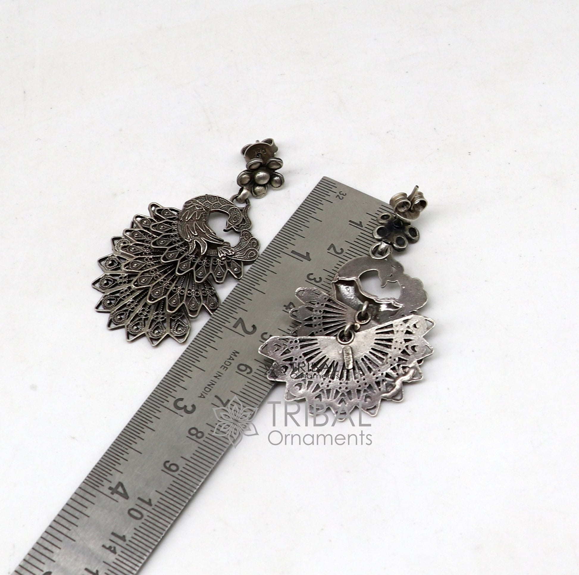 Modern trendy peacock design handmade 925 sterling silver fabulous filigree work Drop dangle stud earrings tribal ethnic jewelry india s1197 - TRIBAL ORNAMENTS