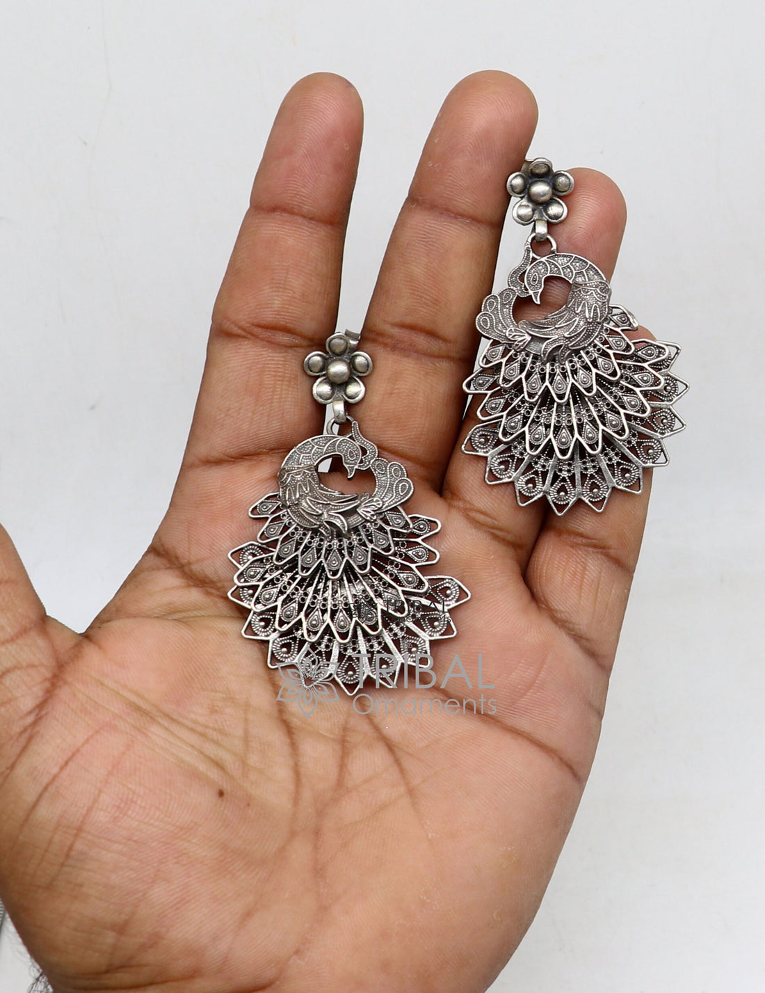 Modern trendy peacock design handmade 925 sterling silver fabulous filigree work Drop dangle stud earrings tribal ethnic jewelry india s1197 - TRIBAL ORNAMENTS