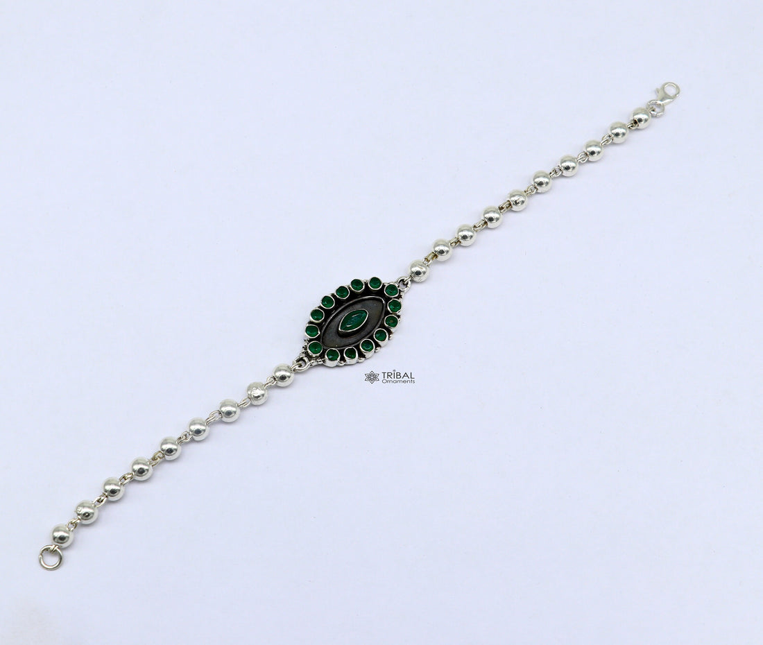 925 Sterling silver customized beaded bracelet with green color stone pendant. best gift for your special person unisex jewelry sbr678 - TRIBAL ORNAMENTS