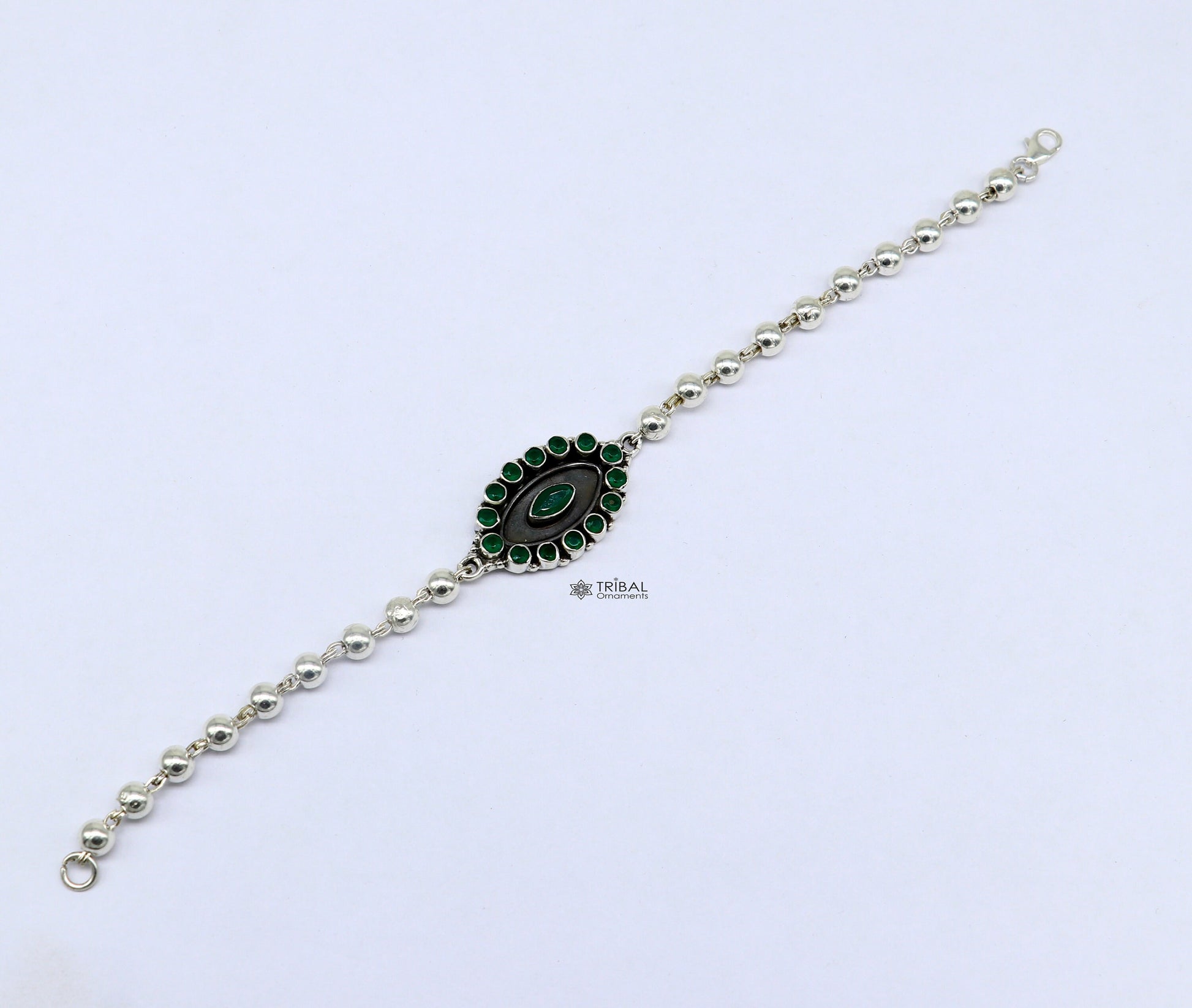 925 Sterling silver customized beaded bracelet with green color stone pendant. best gift for your special person unisex jewelry sbr678 - TRIBAL ORNAMENTS