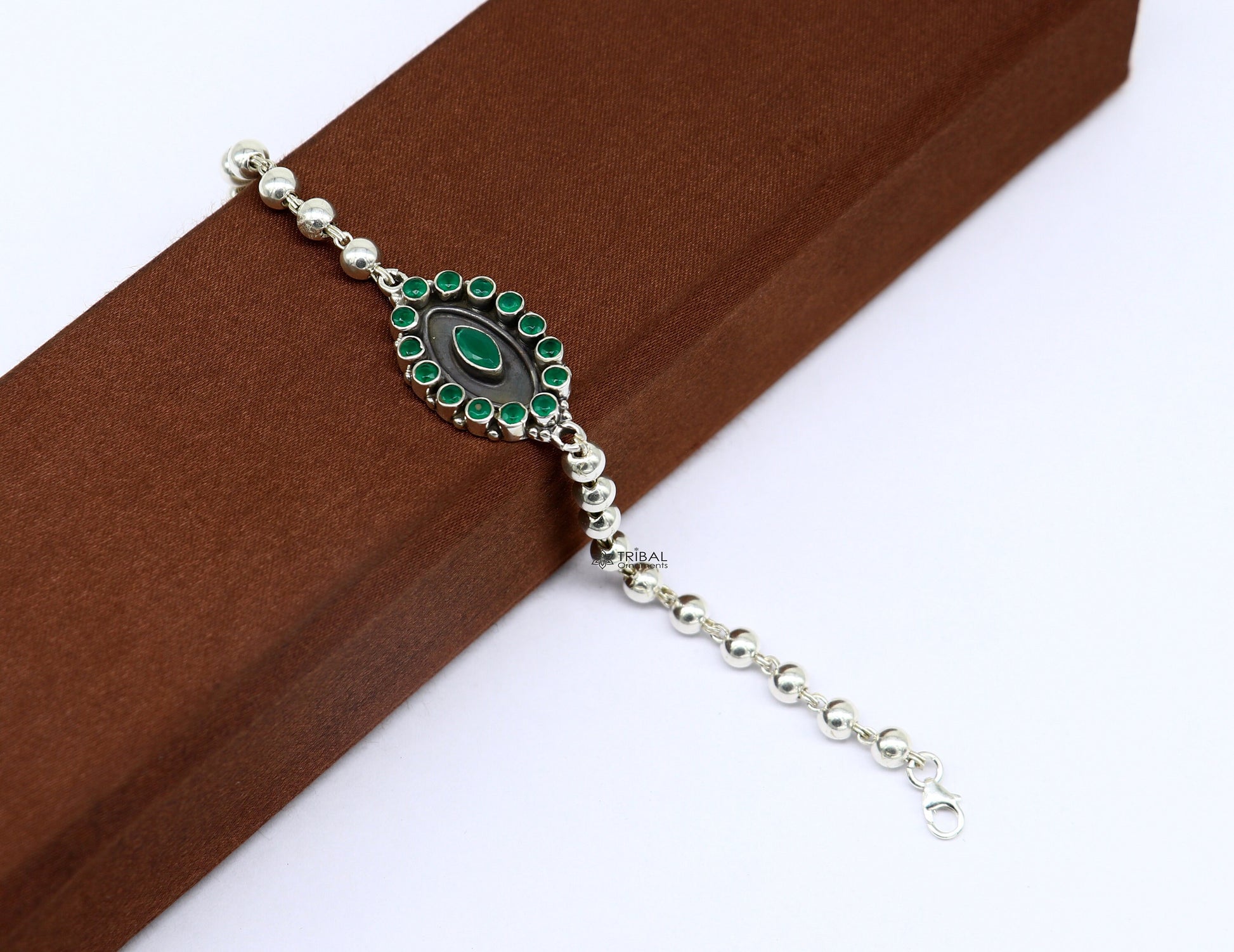 925 Sterling silver customized beaded bracelet with green color stone pendant. best gift for your special person unisex jewelry sbr678 - TRIBAL ORNAMENTS