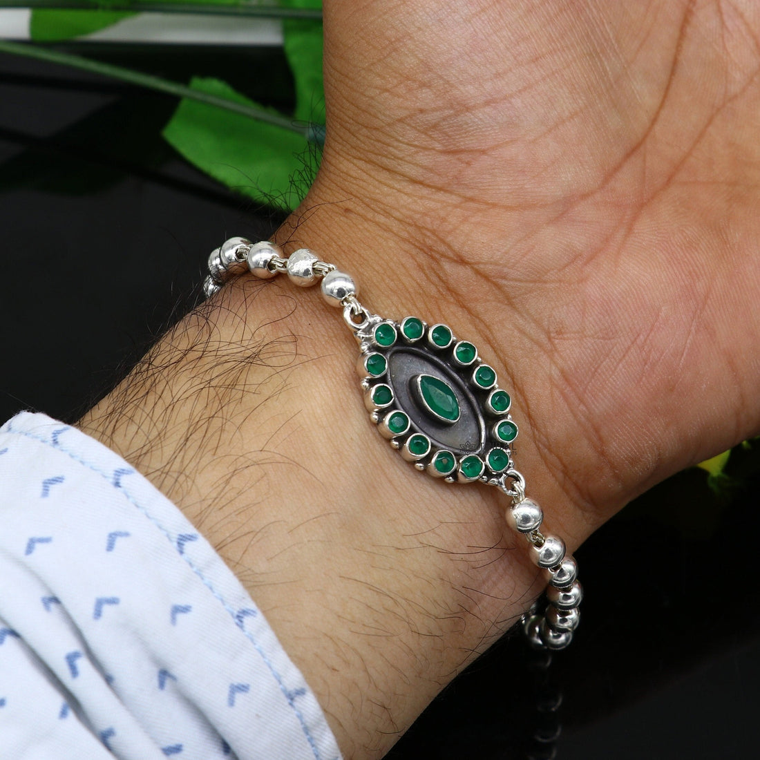 925 Sterling silver customized beaded bracelet with green color stone pendant. best gift for your special person unisex jewelry sbr678 - TRIBAL ORNAMENTS