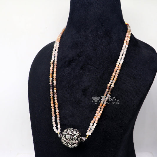 Trendy Indian traditional cultural multicolor stone beaded 925 sterling silver ball pendant necklace, choker tribal ethnic jewelry set612 - TRIBAL ORNAMENTS