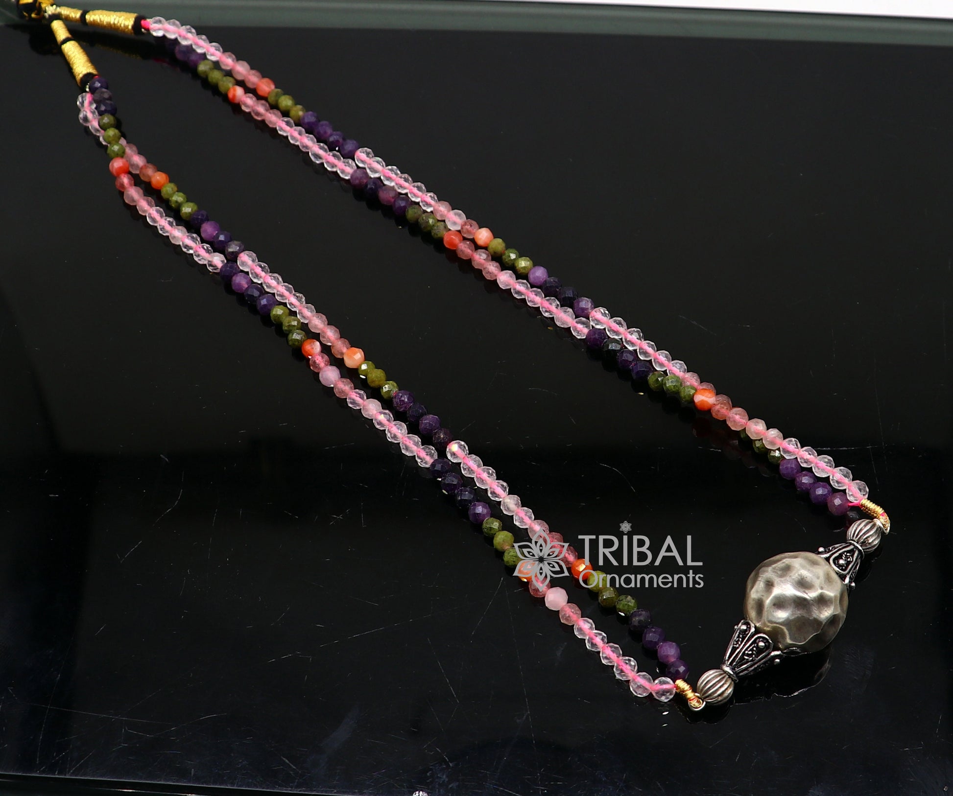 Trendy Indian traditional cultural multicolor stone beaded 925 sterling silver ball pendant necklace, choker tribal ethnic jewelry set613 - TRIBAL ORNAMENTS