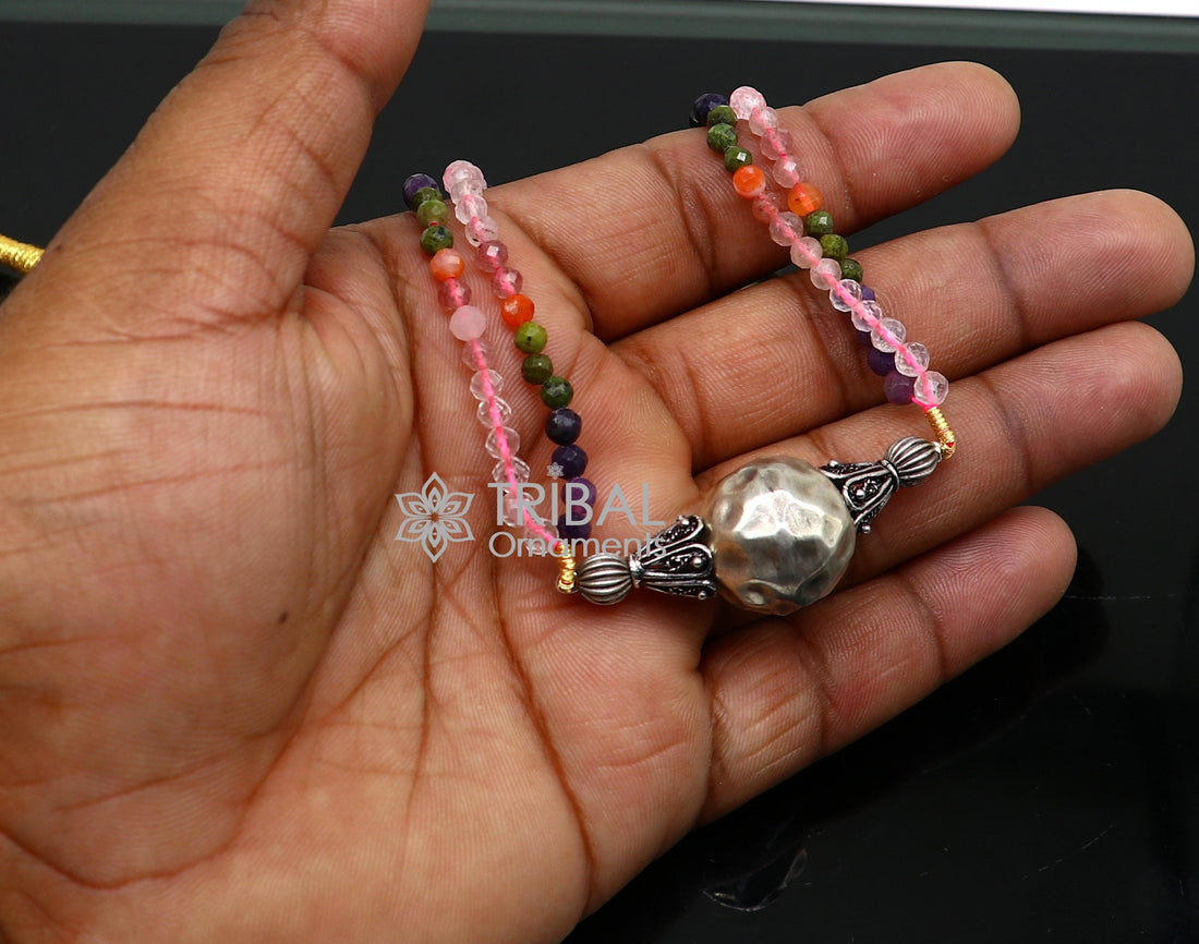 Trendy Indian traditional cultural multicolor stone beaded 925 sterling silver ball pendant necklace, choker tribal ethnic jewelry set613 - TRIBAL ORNAMENTS