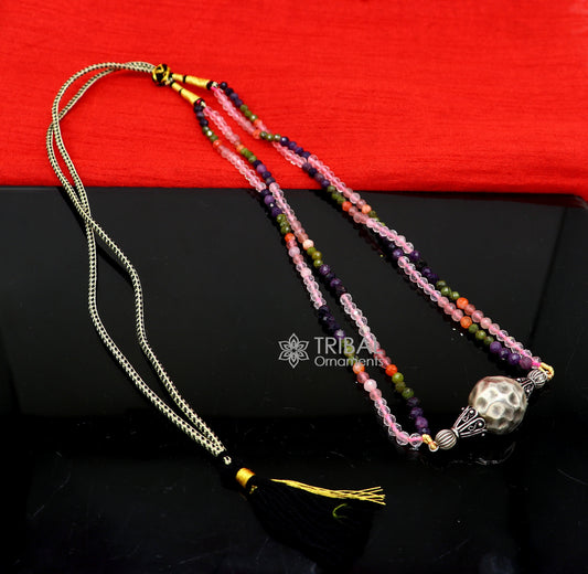 Trendy Indian traditional cultural multicolor stone beaded 925 sterling silver ball pendant necklace, choker tribal ethnic jewelry set613 - TRIBAL ORNAMENTS