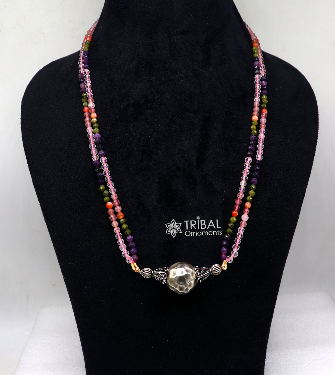 Trendy Indian traditional cultural multicolor stone beaded 925 sterling silver ball pendant necklace, choker tribal ethnic jewelry set613 - TRIBAL ORNAMENTS