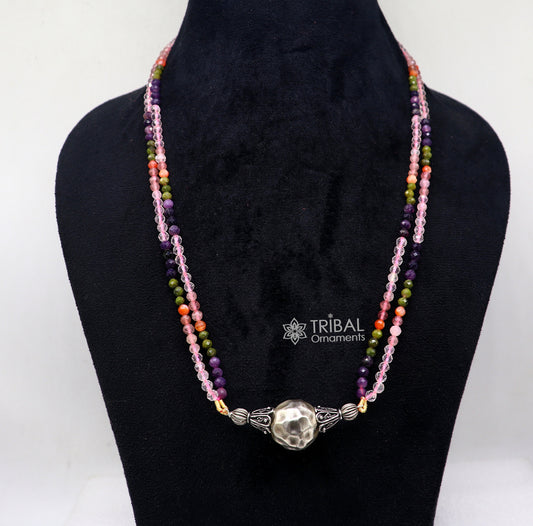 Trendy Indian traditional cultural multicolor stone beaded 925 sterling silver ball pendant necklace, choker tribal ethnic jewelry set613 - TRIBAL ORNAMENTS