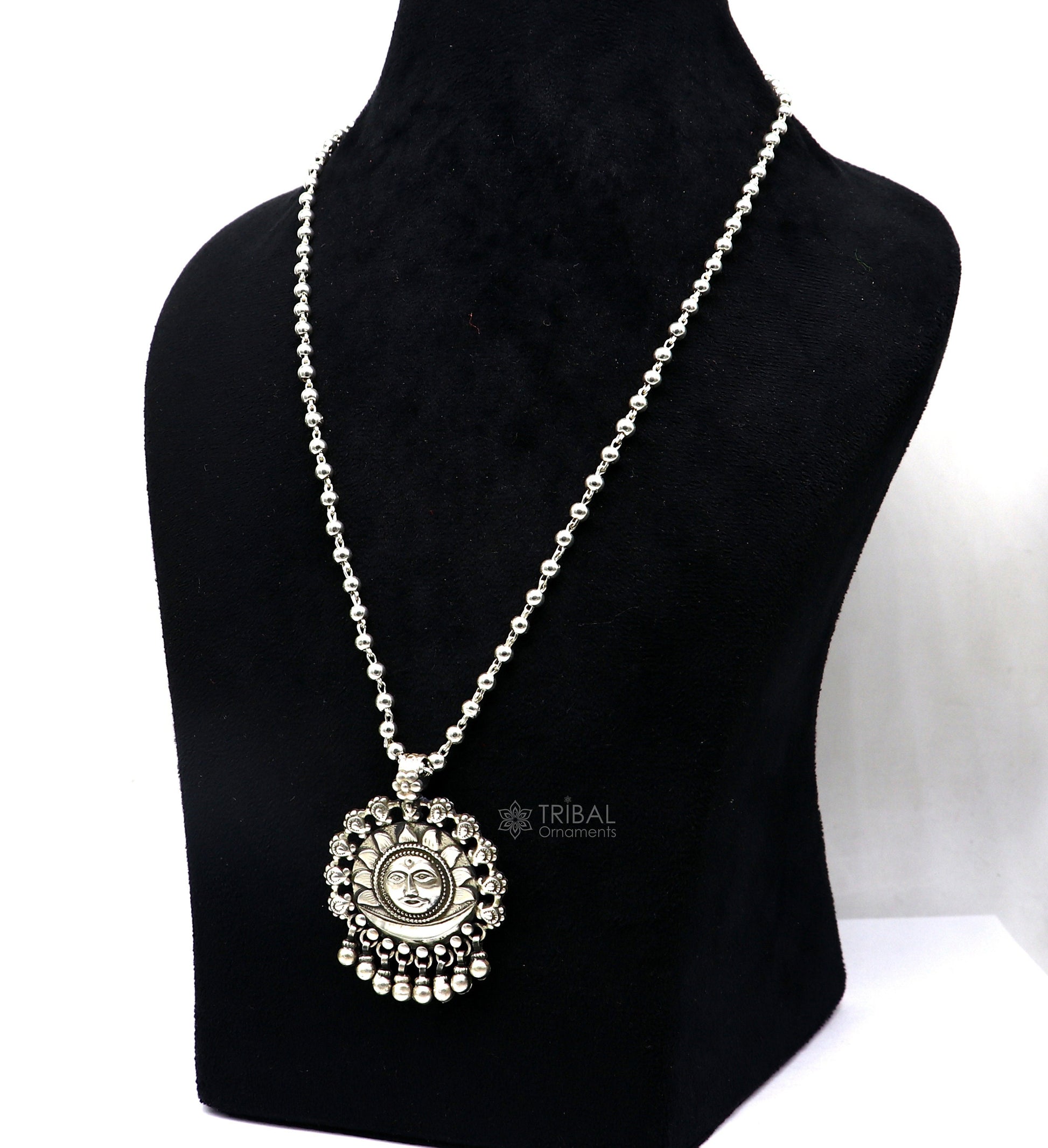 30" 4 mm Beaded chain with amazing sun face pendant 925 sterling silver handmade charm necklace with fabulous hanging drops jewelry set628 - TRIBAL ORNAMENTS