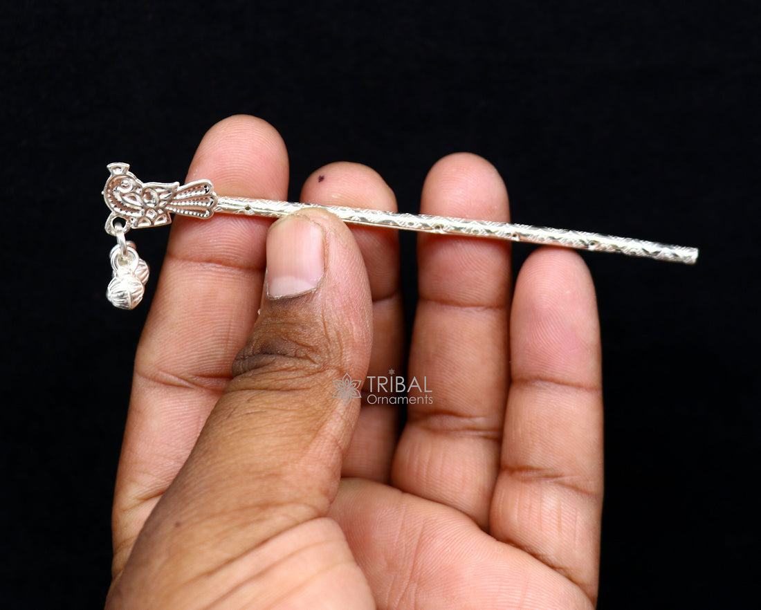 4" Flute divine 925 sterling silver handmade peacock design idol Krishna flute, silver bansuri, laddu Gopala flute, Krishna flute su1125 - TRIBAL ORNAMENTS