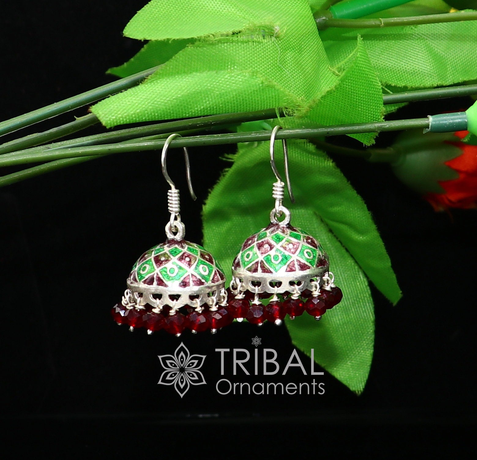 925 sterling silver handmade Stylish colorful hoops earring chandelier, enamel work jhumka with hanging drops best brides collection s1172 - TRIBAL ORNAMENTS