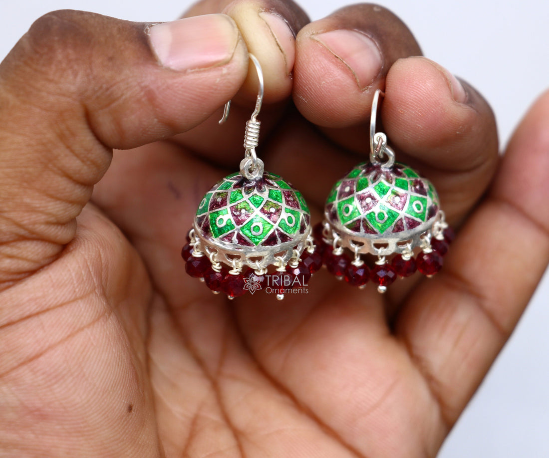 925 sterling silver handmade Stylish colorful hoops earring chandelier, enamel work jhumka with hanging drops best brides collection s1172 - TRIBAL ORNAMENTS