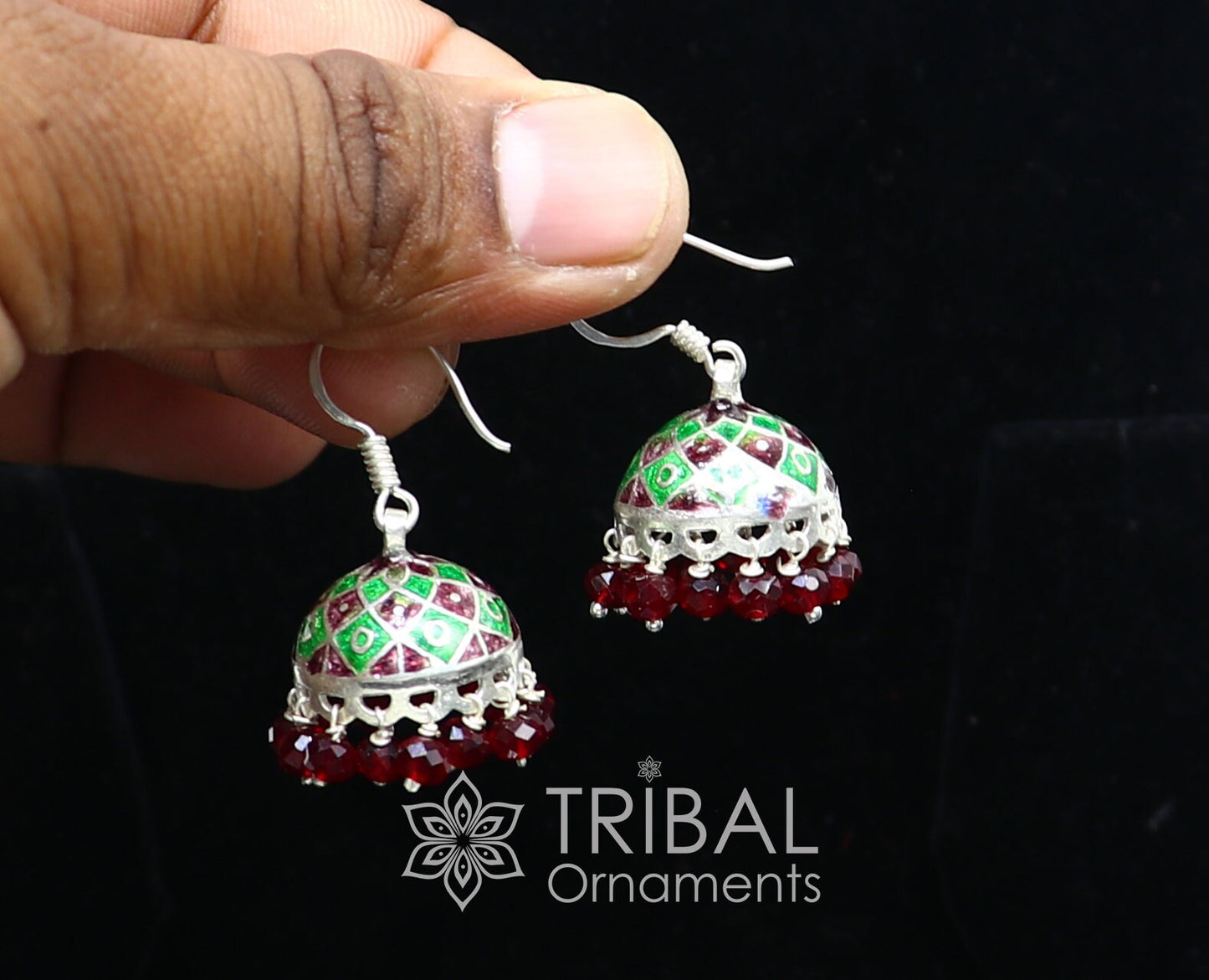 925 sterling silver handmade Stylish colorful hoops earring chandelier, enamel work jhumka with hanging drops best brides collection s1172 - TRIBAL ORNAMENTS