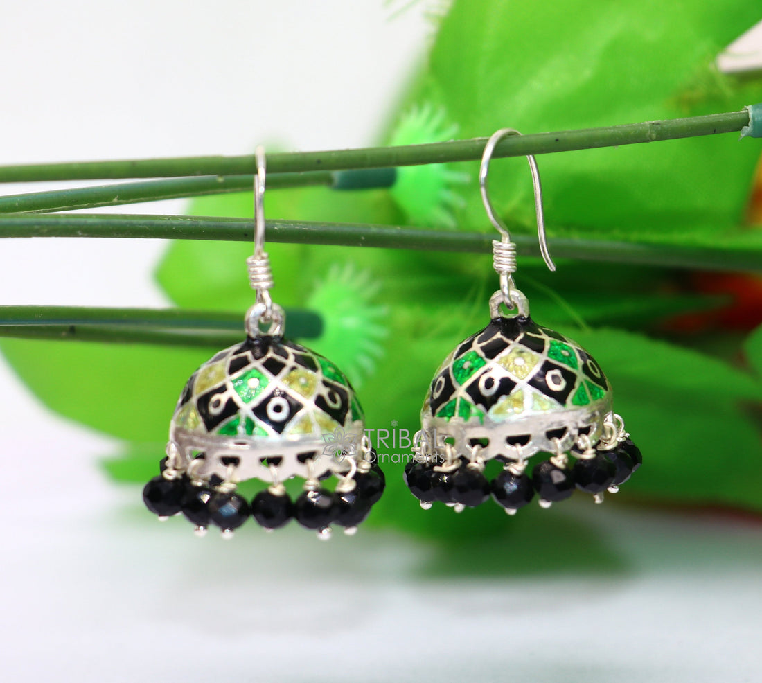 925 sterling silver handmade Stylish colorful hoops earring chandelier, enamel work jhumka with hanging drops best brides collection s1173 - TRIBAL ORNAMENTS