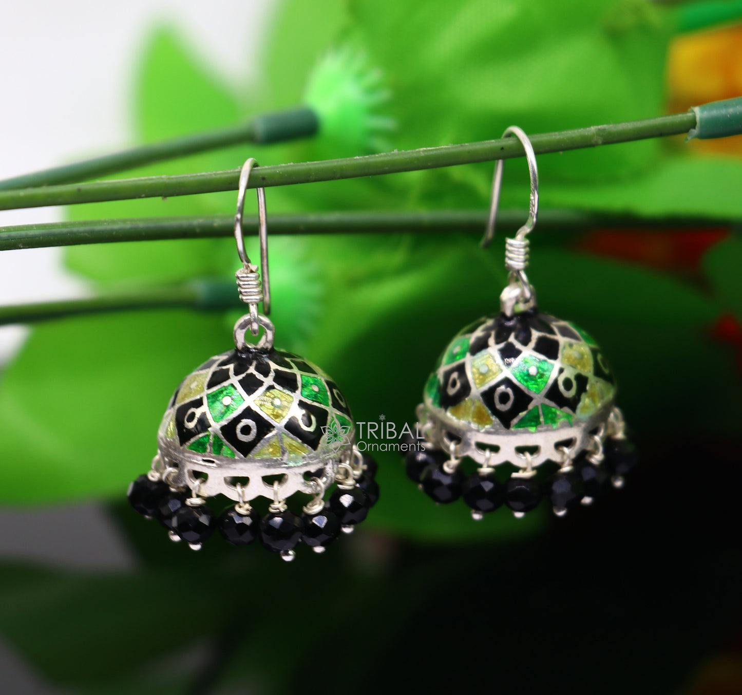 925 sterling silver handmade Stylish colorful hoops earring chandelier, enamel work jhumka with hanging drops best brides collection s1173 - TRIBAL ORNAMENTS
