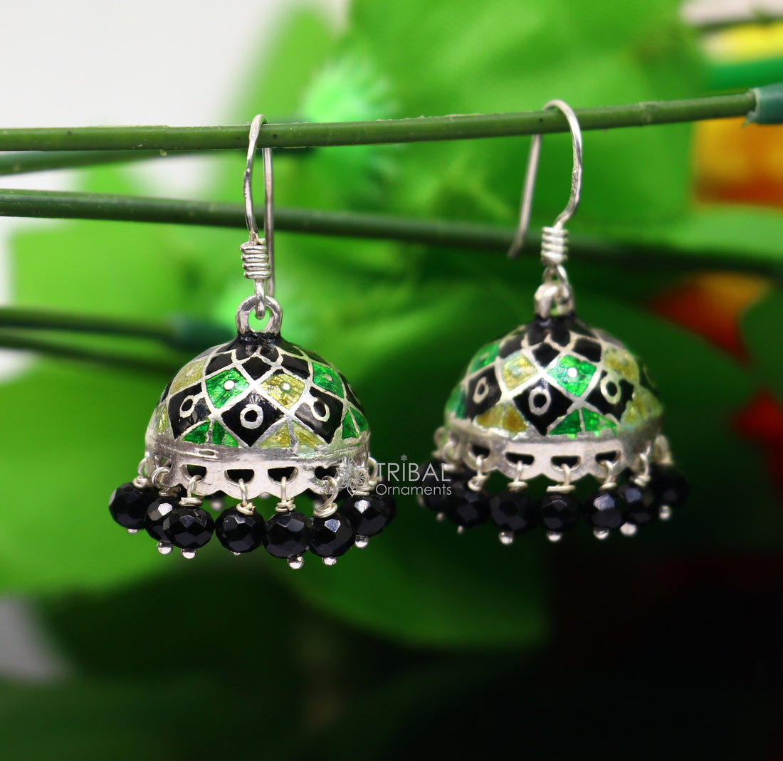 925 sterling silver handmade Stylish colorful hoops earring chandelier, enamel work jhumka with hanging drops best brides collection s1173 - TRIBAL ORNAMENTS