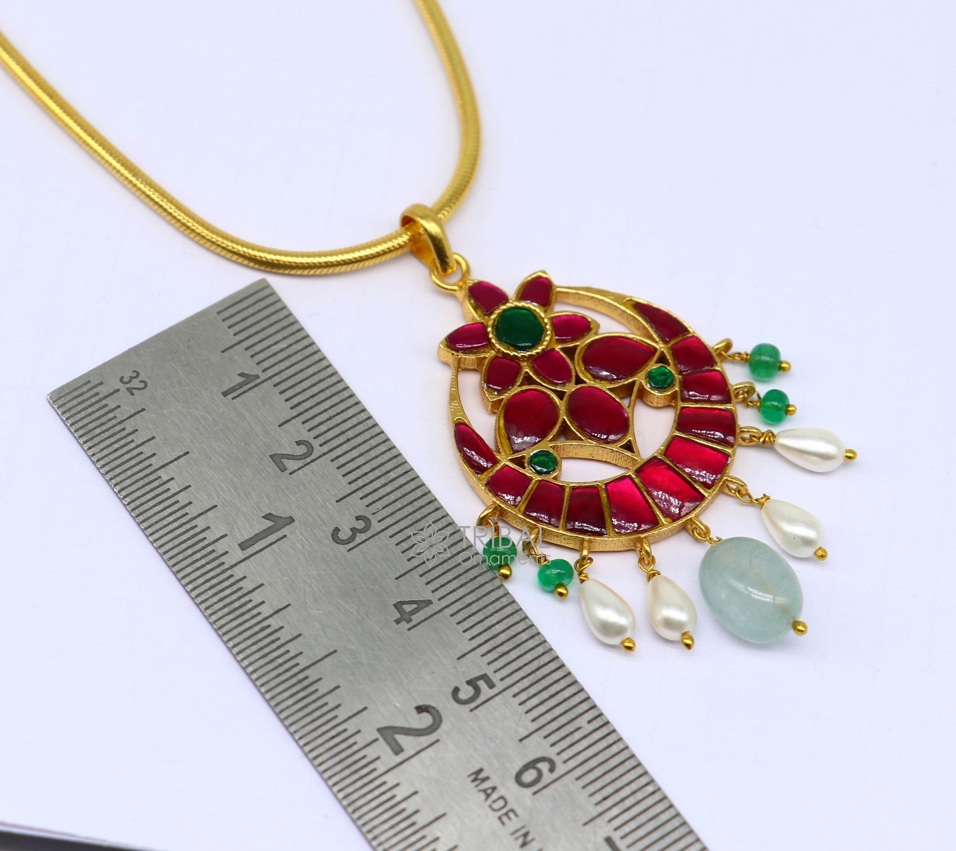 925 sterling silver gold polished flower design kundan work pendant, amazing stylish red color stone stylish trendy pendant best gift NSP626 - TRIBAL ORNAMENTS