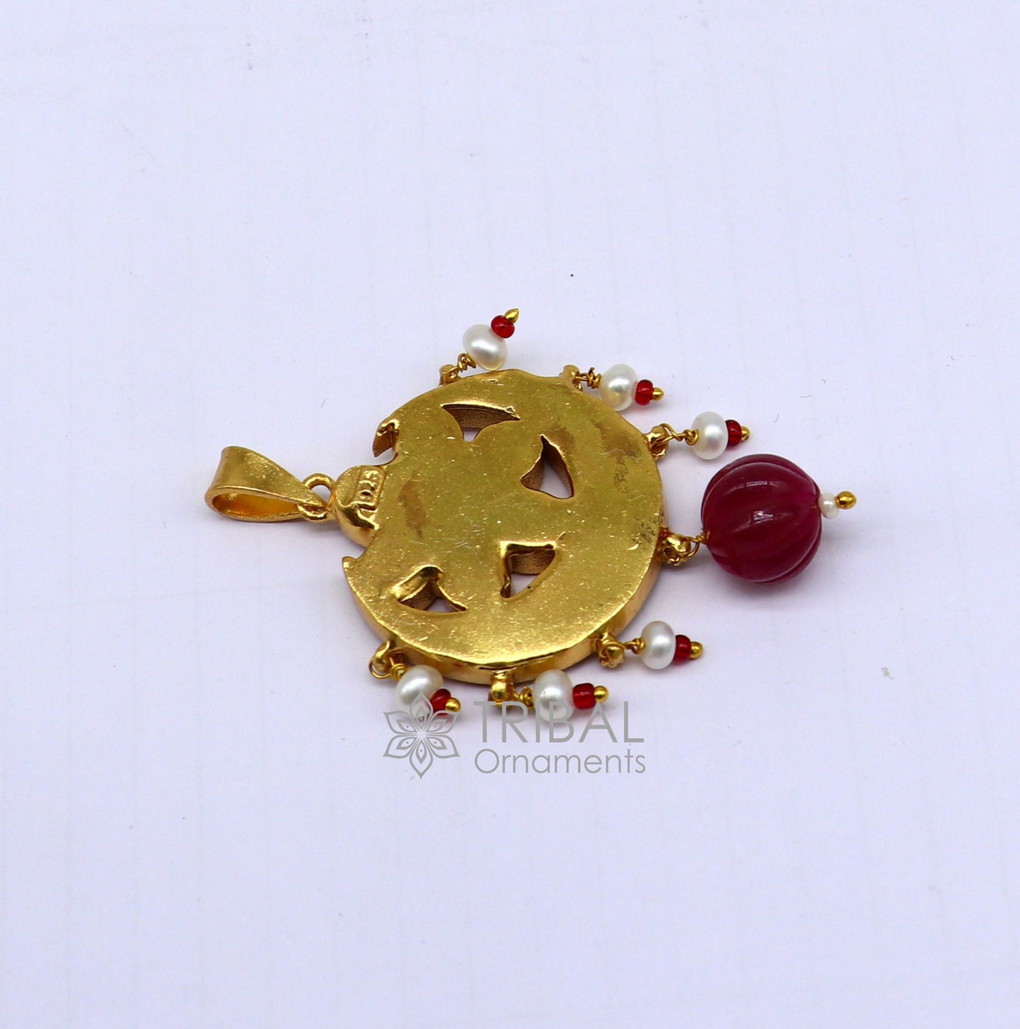 925 sterling silver gold polished moon design kundan work pendant, amazing stylish red color stone stylish trendy pendant best gift NSP627 - TRIBAL ORNAMENTS