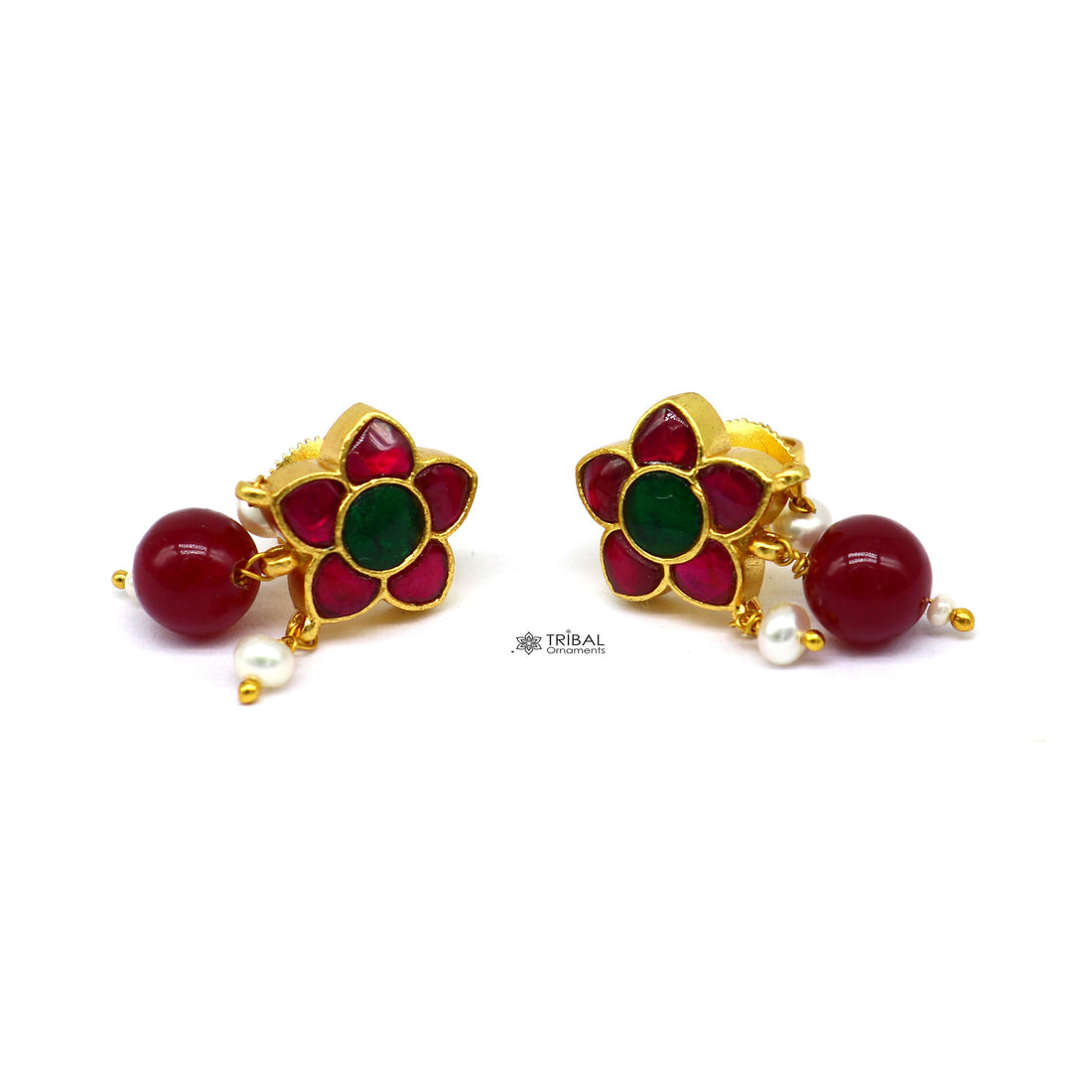 925 sterling silver gold polished handmade kundan work Chunky green and red stone fabulous flower shape stud earrings trendy jewelry s1174 - TRIBAL ORNAMENTS