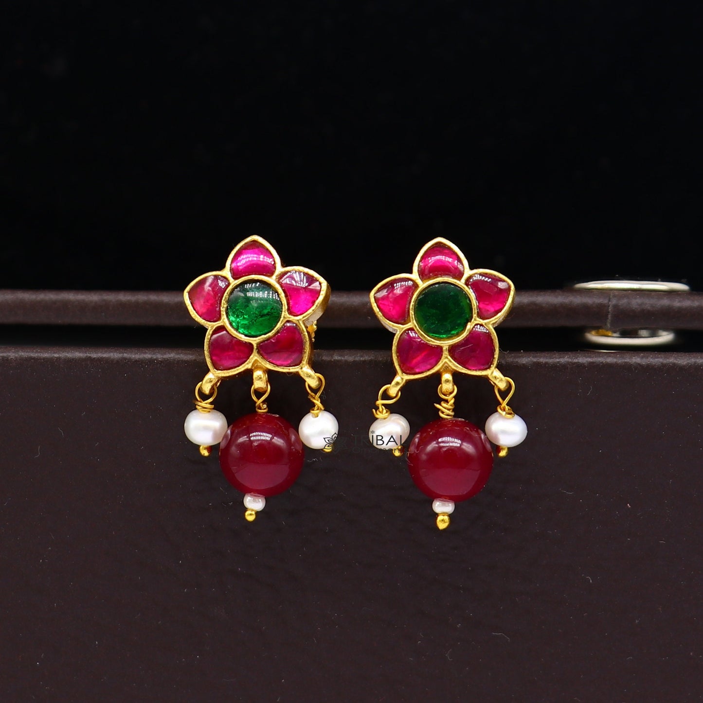 925 sterling silver gold polished handmade kundan work Chunky green and red stone fabulous flower shape stud earrings trendy jewelry s1174 - TRIBAL ORNAMENTS