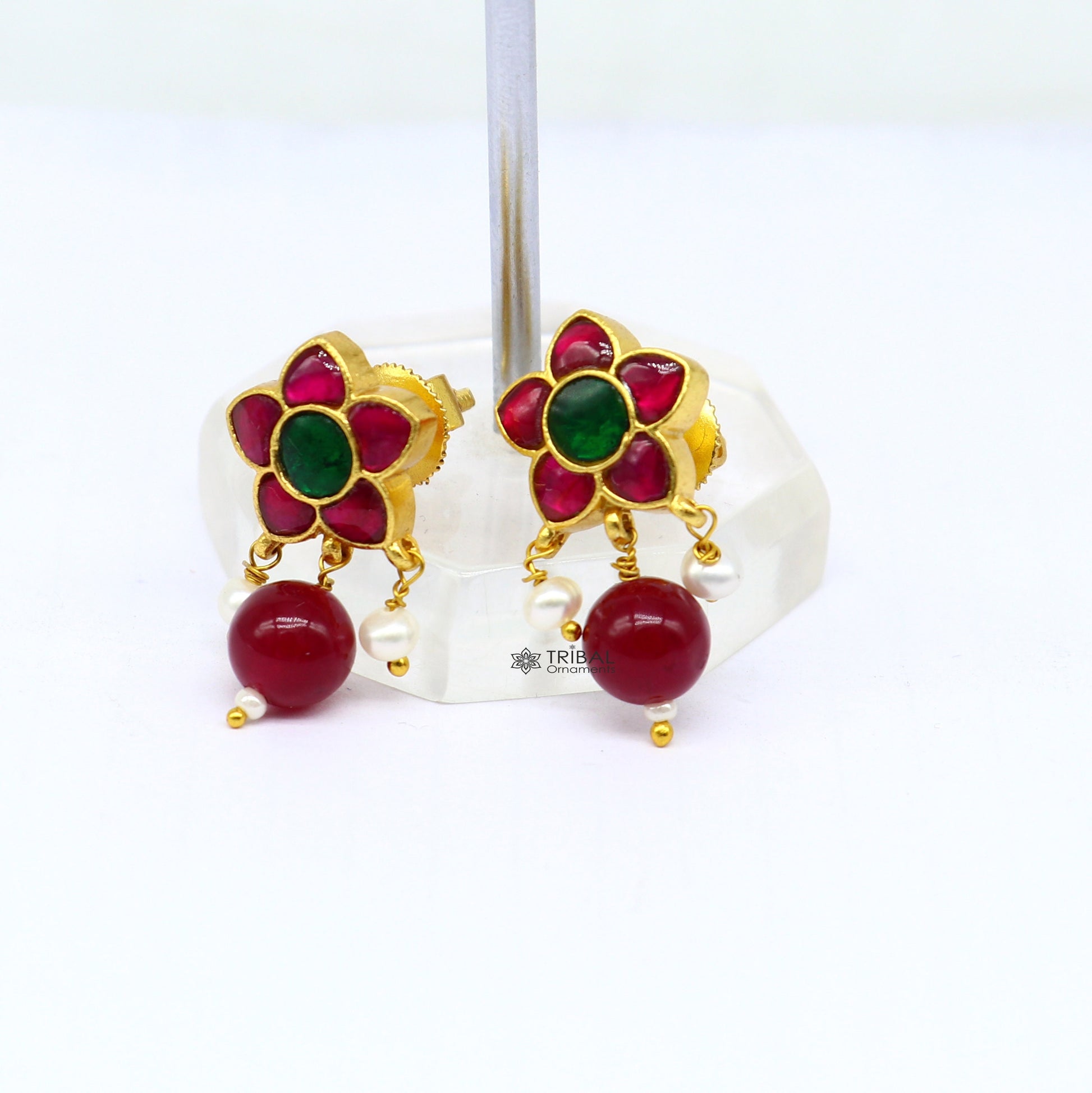 925 sterling silver gold polished handmade kundan work Chunky green and red stone fabulous flower shape stud earrings trendy jewelry s1174 - TRIBAL ORNAMENTS