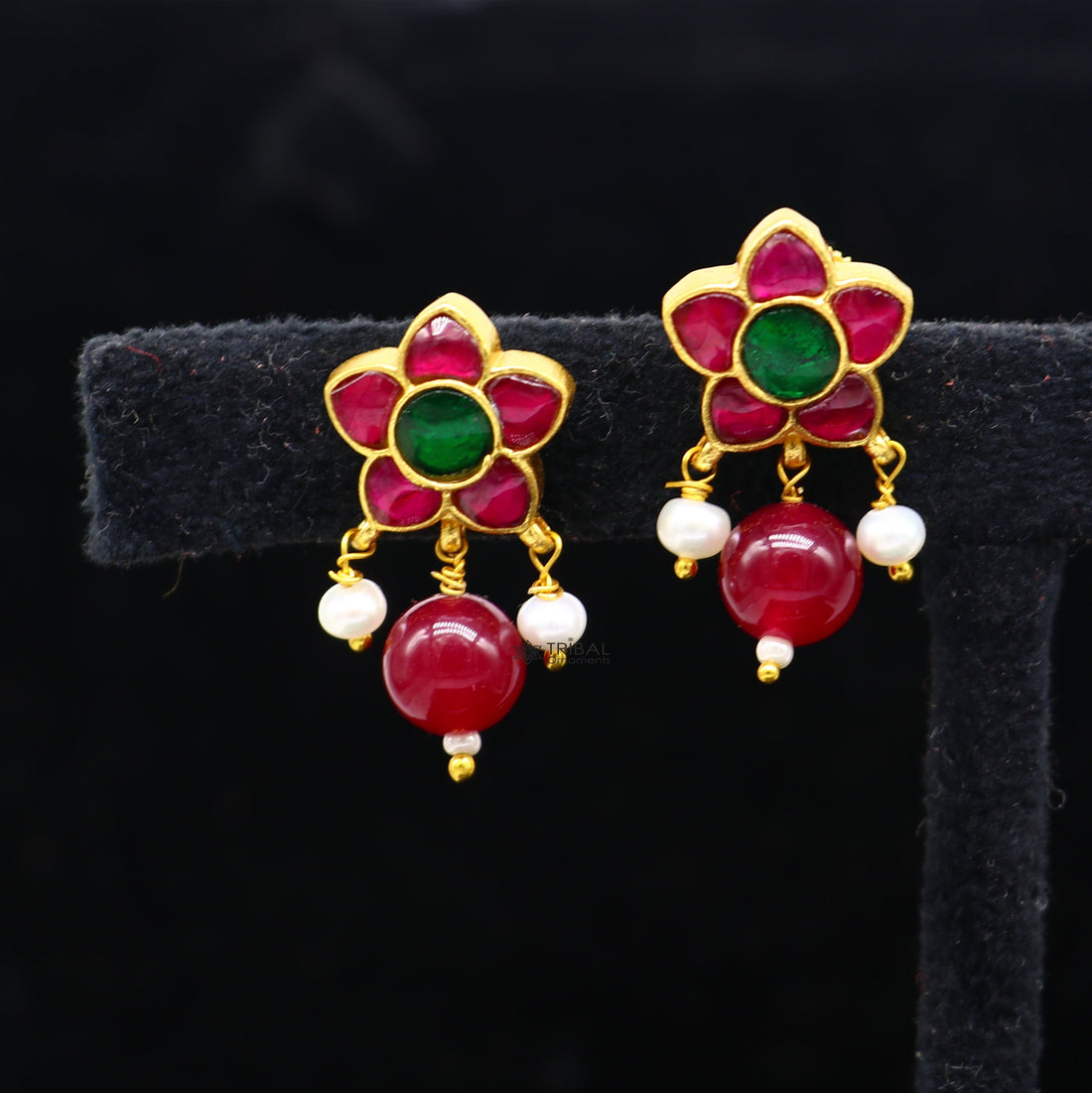 925 sterling silver gold polished handmade kundan work Chunky green and red stone fabulous flower shape stud earrings trendy jewelry s1174 - TRIBAL ORNAMENTS