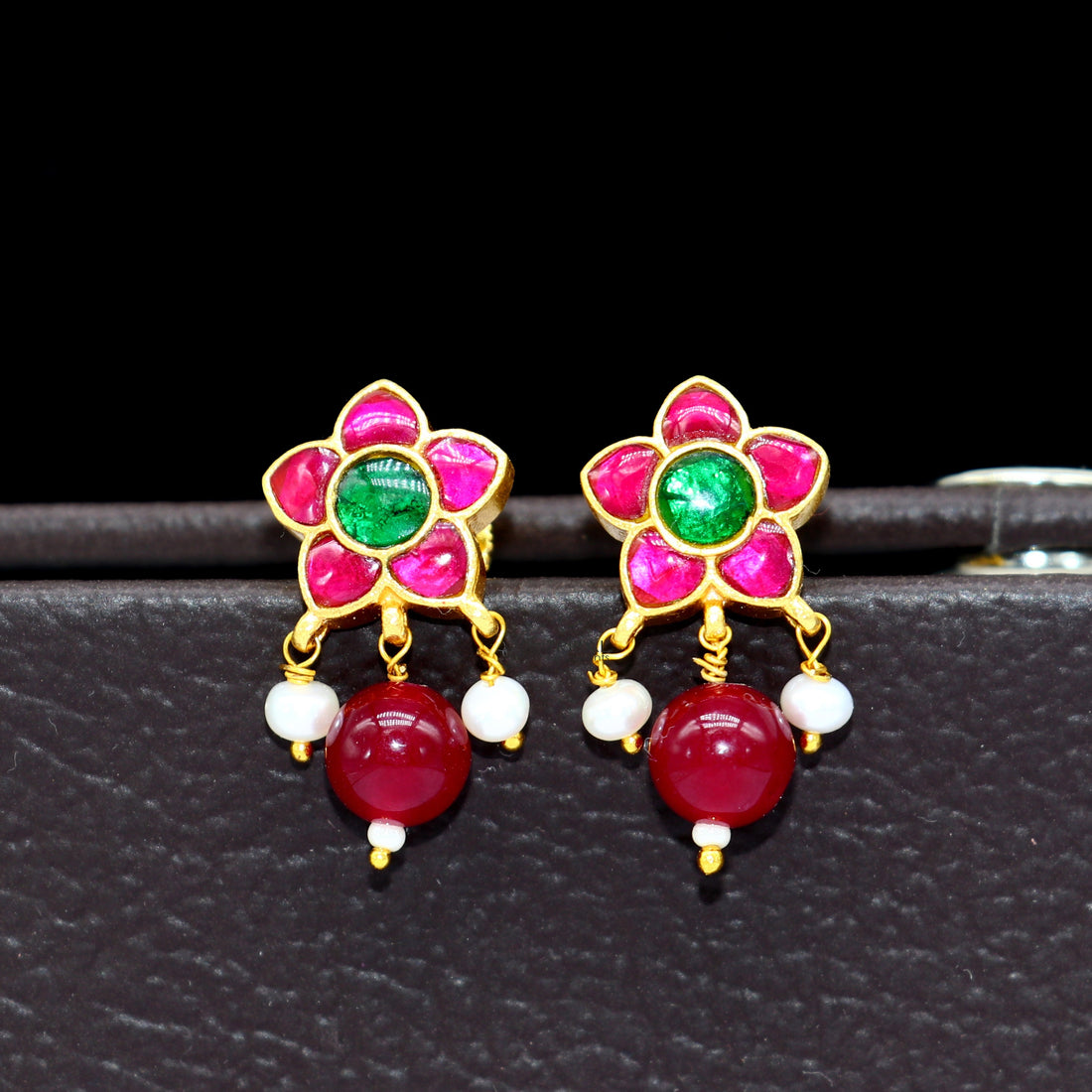 925 sterling silver gold polished handmade kundan work Chunky green and red stone fabulous flower shape stud earrings trendy jewelry s1174 - TRIBAL ORNAMENTS