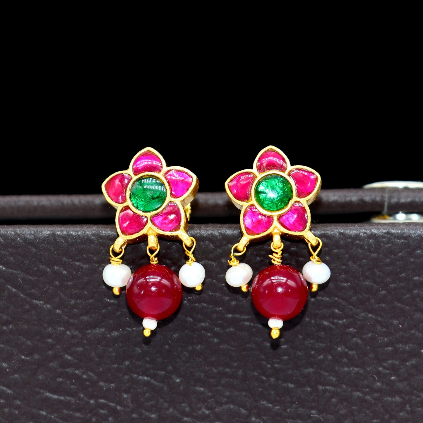 925 sterling silver gold polished handmade kundan work Chunky green and red stone fabulous flower shape stud earrings trendy jewelry s1174 - TRIBAL ORNAMENTS