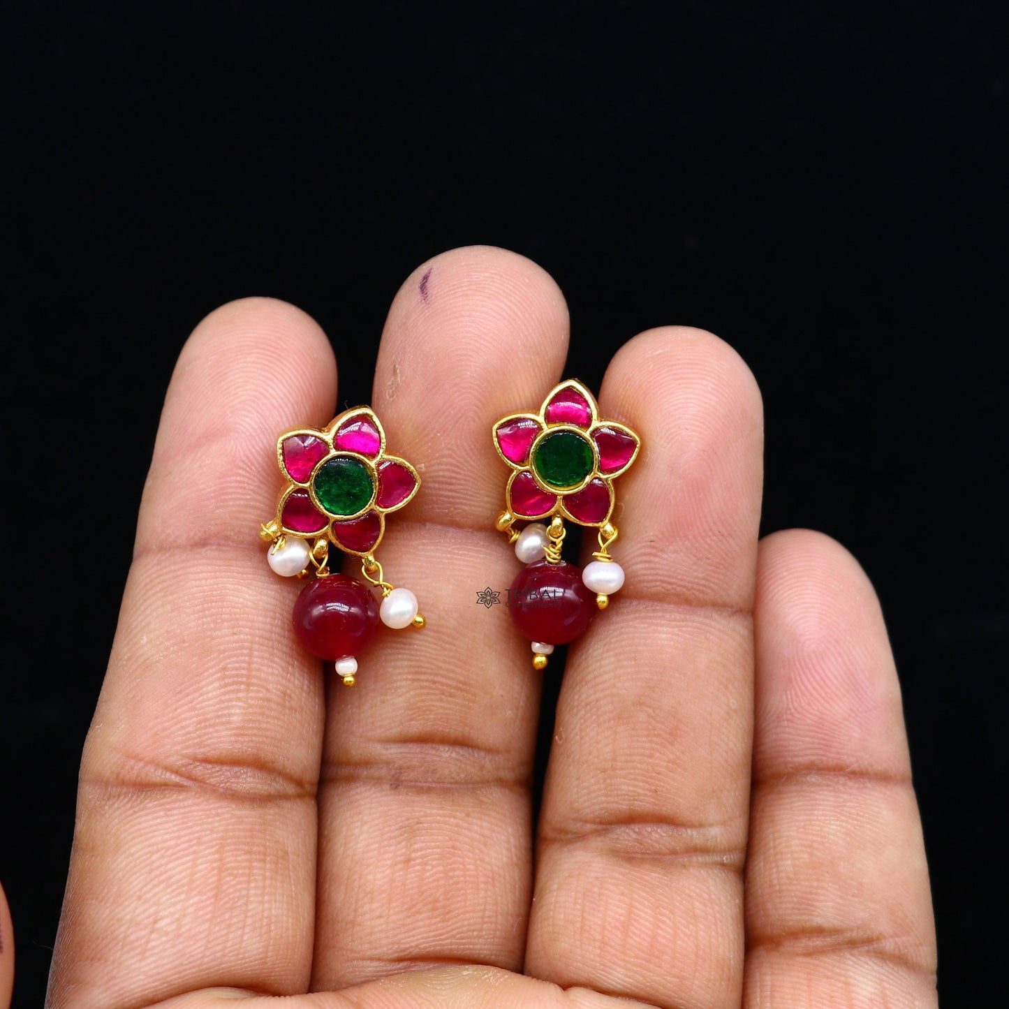 925 sterling silver gold polished handmade kundan work Chunky green and red stone fabulous flower shape stud earrings trendy jewelry s1174 - TRIBAL ORNAMENTS