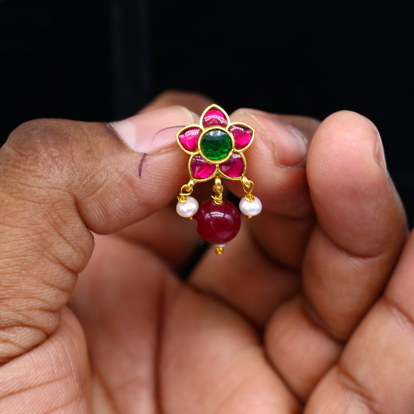 925 sterling silver gold polished handmade kundan work Chunky green and red stone fabulous flower shape stud earrings trendy jewelry s1174 - TRIBAL ORNAMENTS