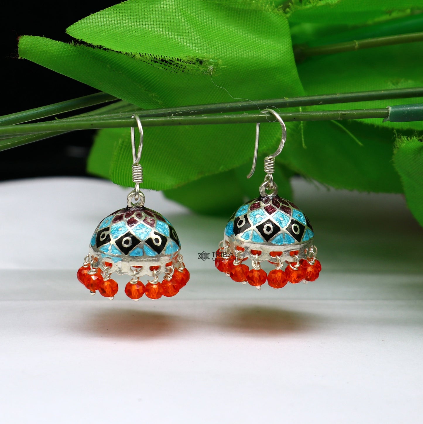Traditional cultural 925 sterling silver Stylish colorful hoops earring chandelier, enamel work jhumka hanging drops brides earrings  s1185 - TRIBAL ORNAMENTS