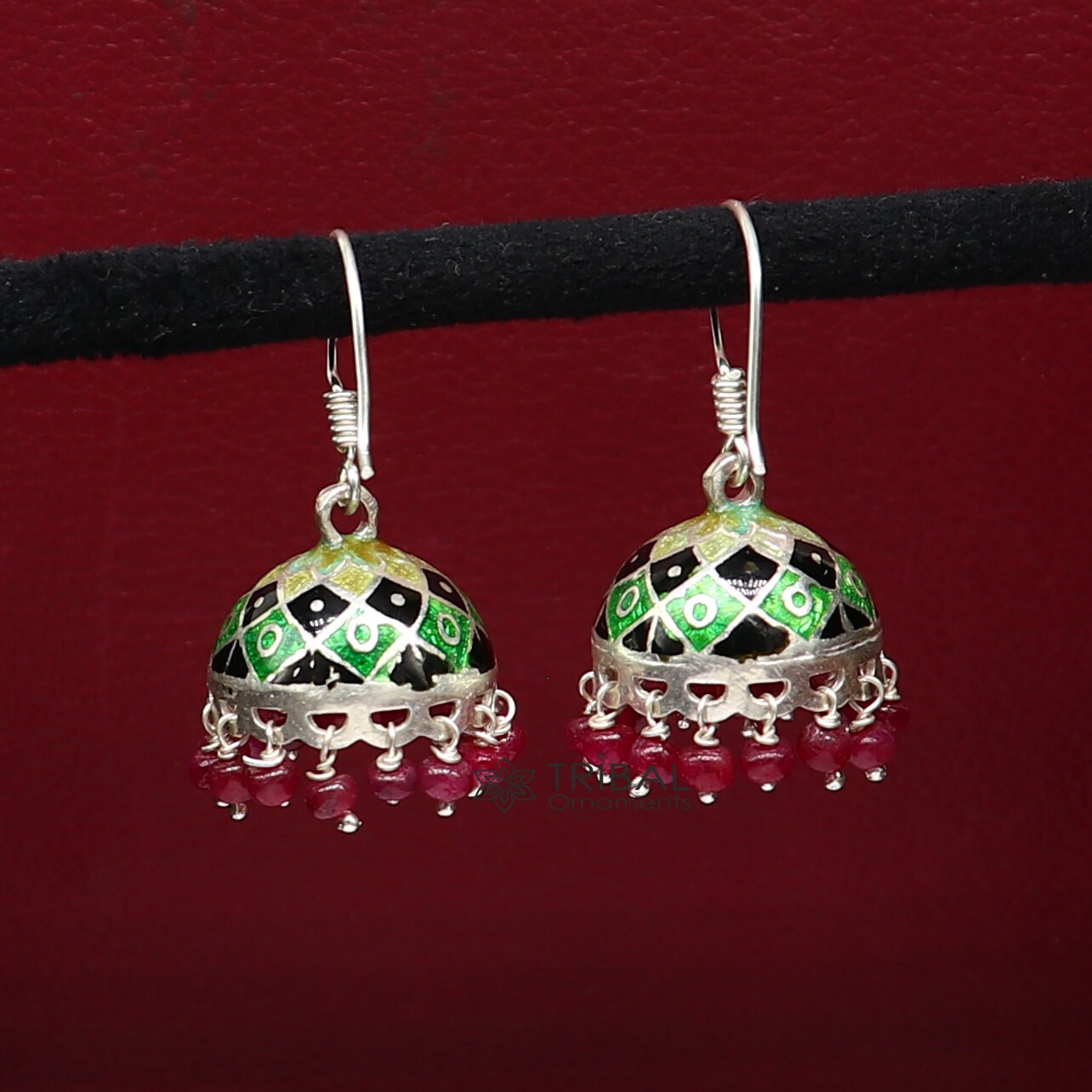 Trendy stylish  925 sterling silver Stylish colorful hoops earring chandelier, enamel work jhumka hanging drops brides earrings  s1188 - TRIBAL ORNAMENTS