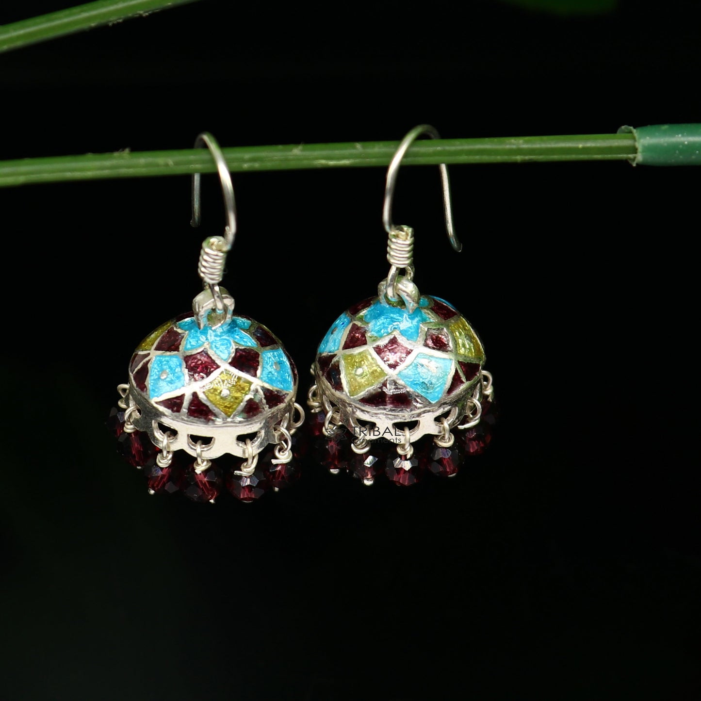 Traditional Unique handmade enamel work 925 sterling silver Stylish colorful hoops earring chandelier jhumka hanging drops earrings  s1195 - TRIBAL ORNAMENTS