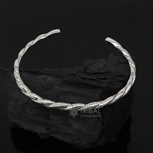solid 4 mm 925 sterling silver twisting design modern trendy cuff kada bracelet best gifting unisex bangle kada cuff165 - TRIBAL ORNAMENTS