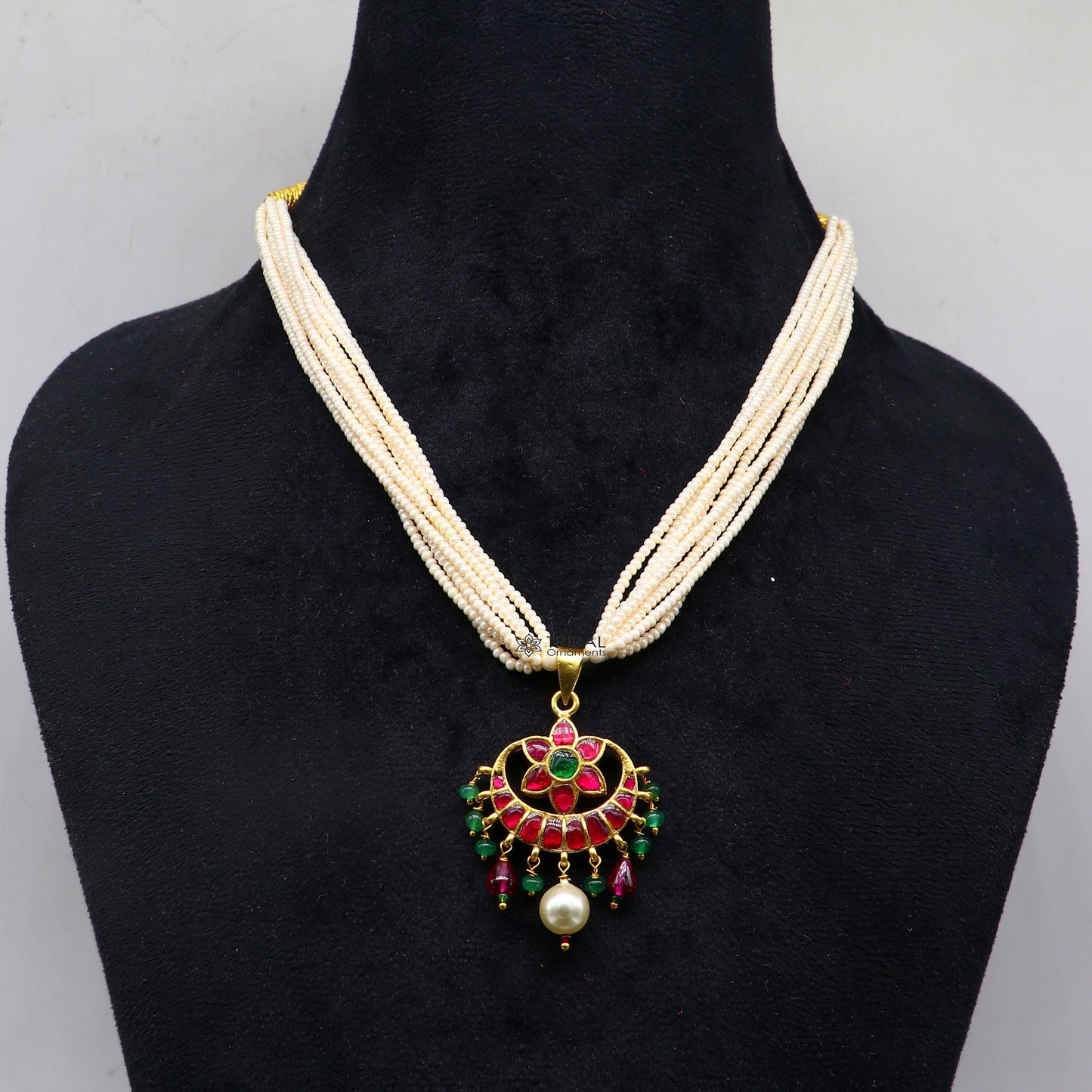 92.5 sterling silver Fabulous charming kundan work green and red stone pendant trendy necklace with multiline pearls strings jewelry set616 - TRIBAL ORNAMENTS