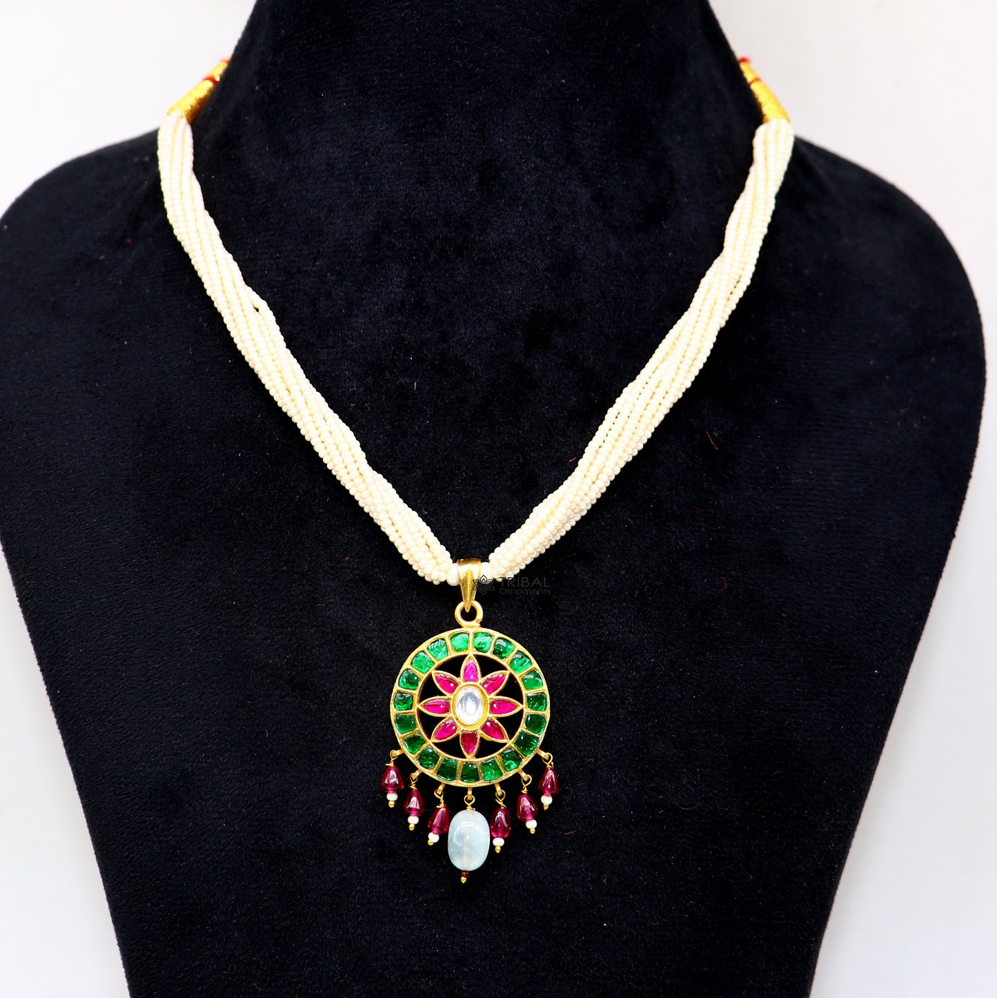 92.5 sterling silver India traditional cultural kundan work pendant trendy necklace with multiline pearls strings best brides jewelry set618 - TRIBAL ORNAMENTS
