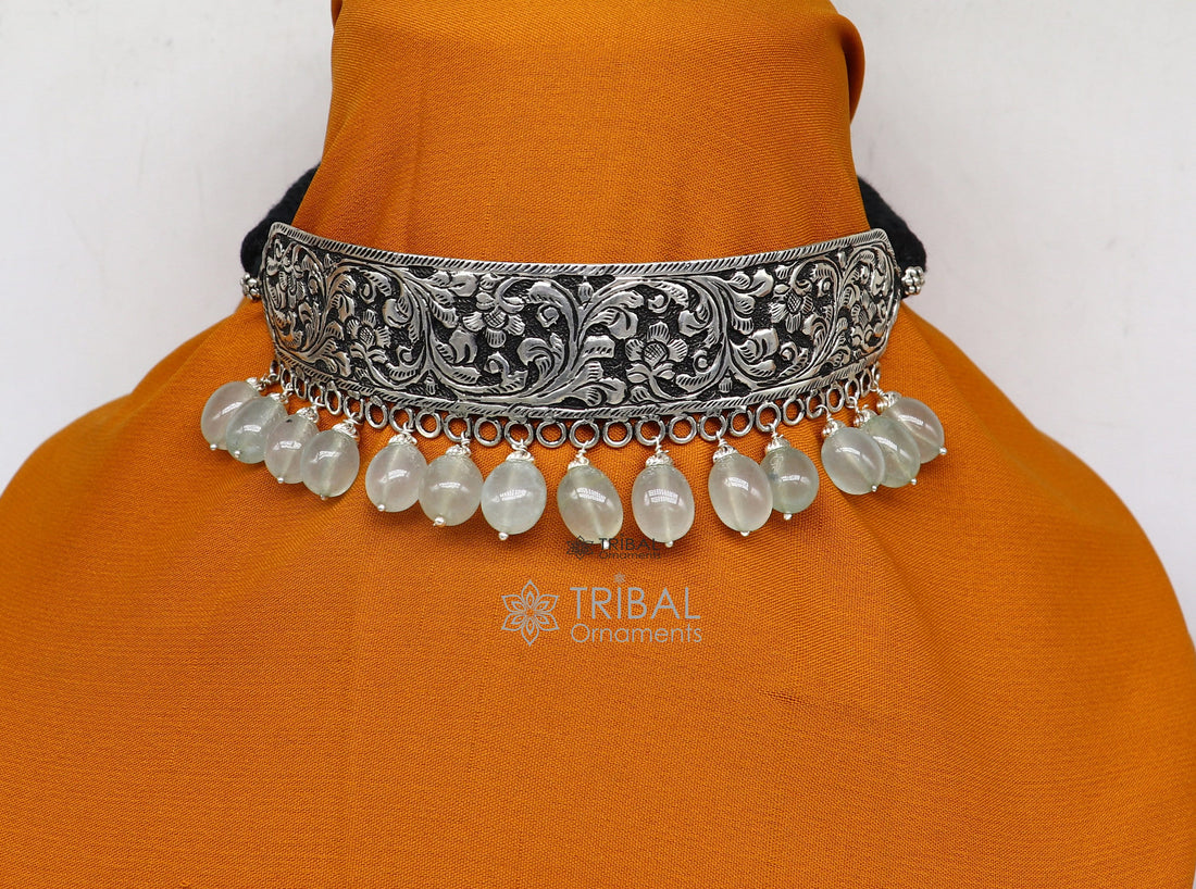 925 sterling silver Nakshi work charm necklace choker tribal ethnic jewelry that embodies the rich cultural heritage of Rajasthan set623 - TRIBAL ORNAMENTS