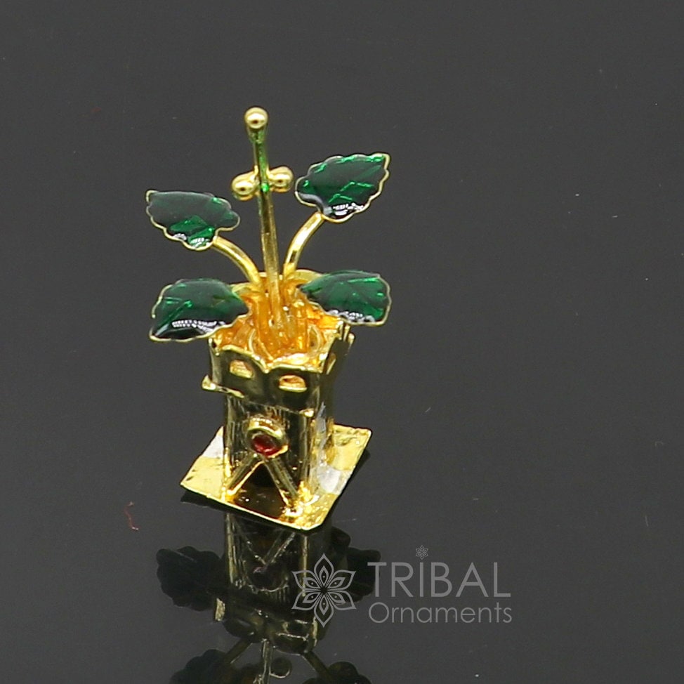 Gold polished over 925 sterling silver handmade mini tulsi plant basil rosary plant for puja article, silver worshiping article su1140 - TRIBAL ORNAMENTS