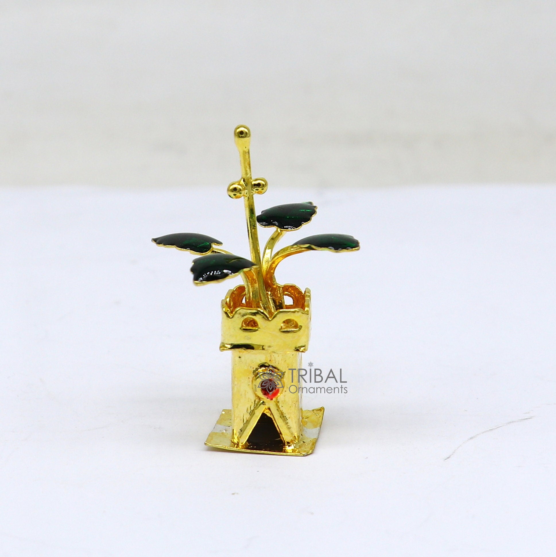 Gold polished over 925 sterling silver handmade mini tulsi plant basil rosary plant for puja article, silver worshiping article su1140 - TRIBAL ORNAMENTS