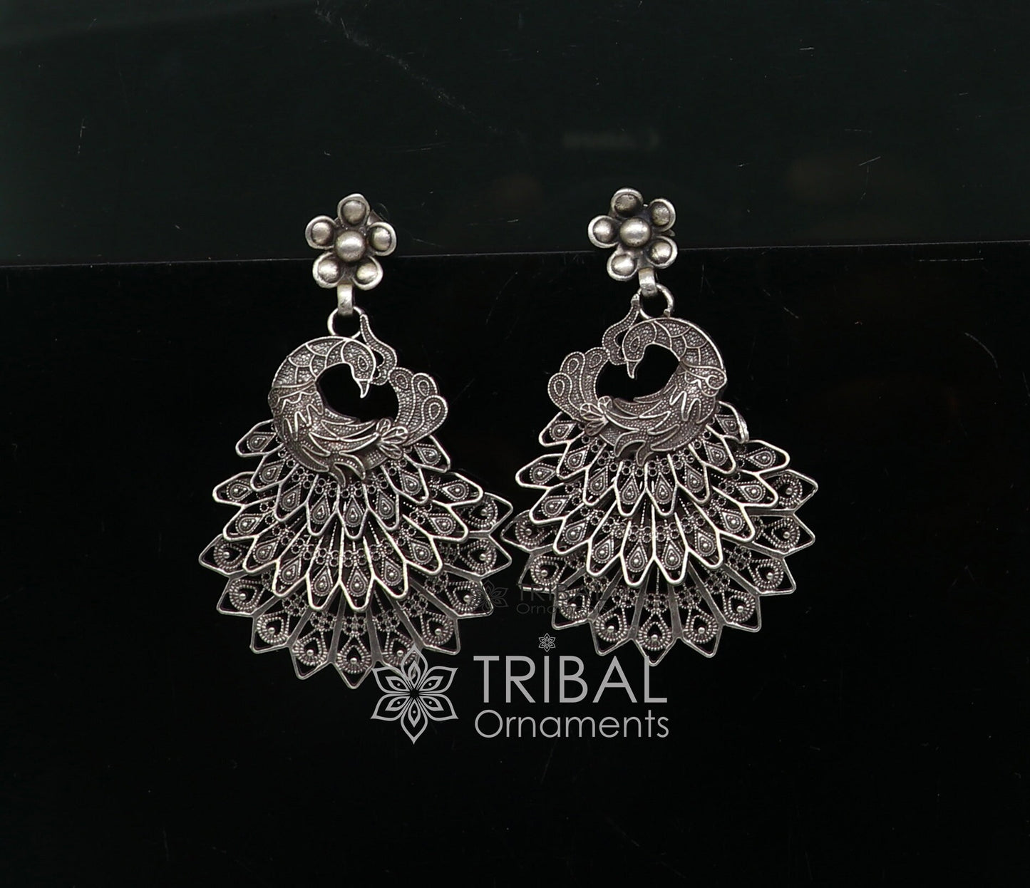 Modern trendy peacock design handmade 925 sterling silver fabulous filigree work Drop dangle stud earrings tribal ethnic jewelry india s1197 - TRIBAL ORNAMENTS