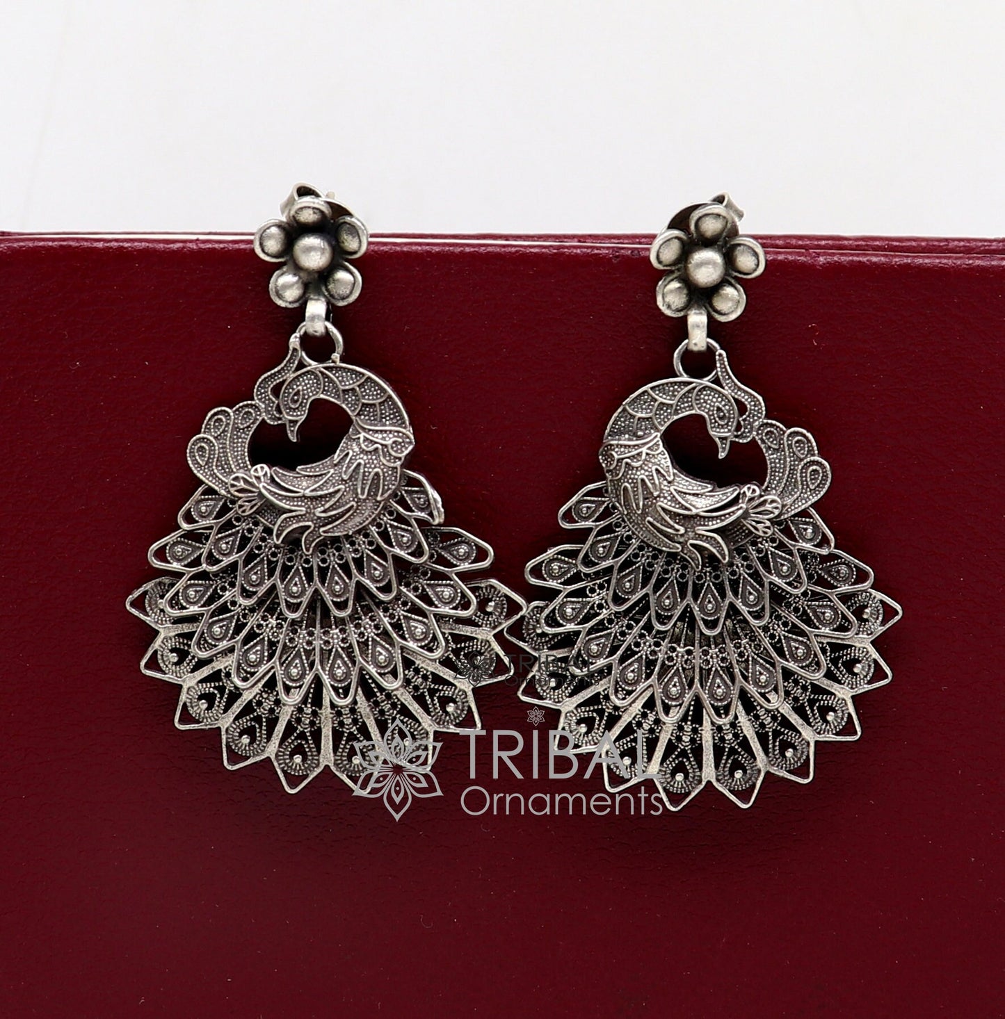 Modern trendy peacock design handmade 925 sterling silver fabulous filigree work Drop dangle stud earrings tribal ethnic jewelry india s1197 - TRIBAL ORNAMENTS