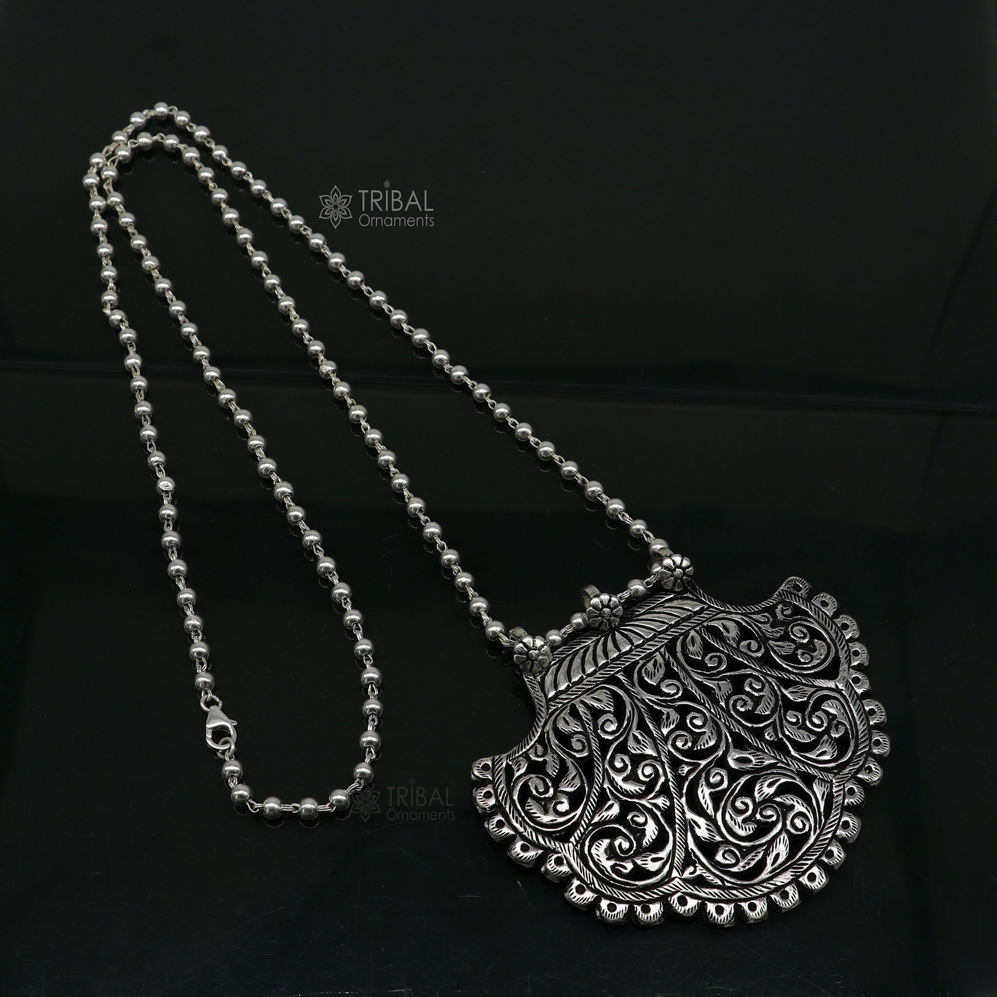 30" long beaded chain Traditional cultural trendy style 925 sterling silver pendant necklace best brides tribal ethnic jewelry  set631 - TRIBAL ORNAMENTS