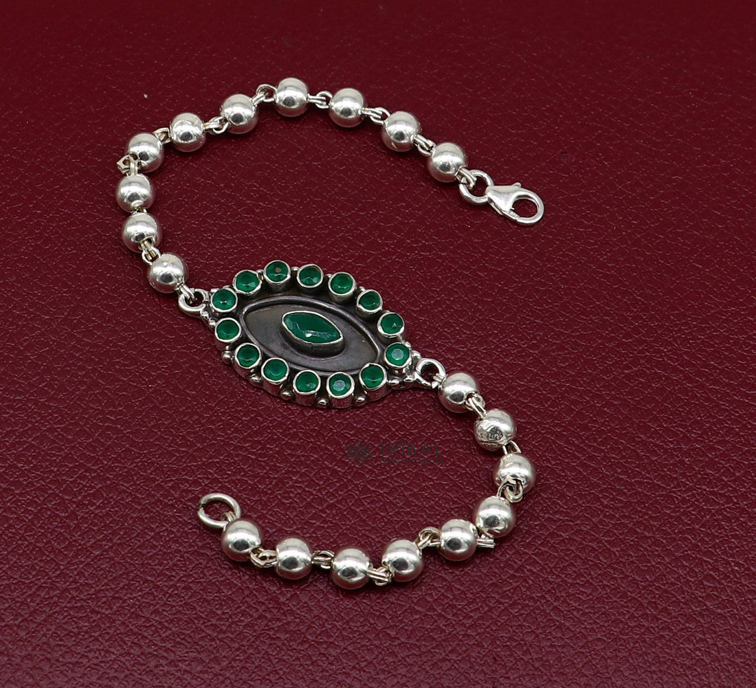 925 Sterling silver customized beaded bracelet with green color stone pendant. best gift for your special person unisex jewelry sbr678 - TRIBAL ORNAMENTS