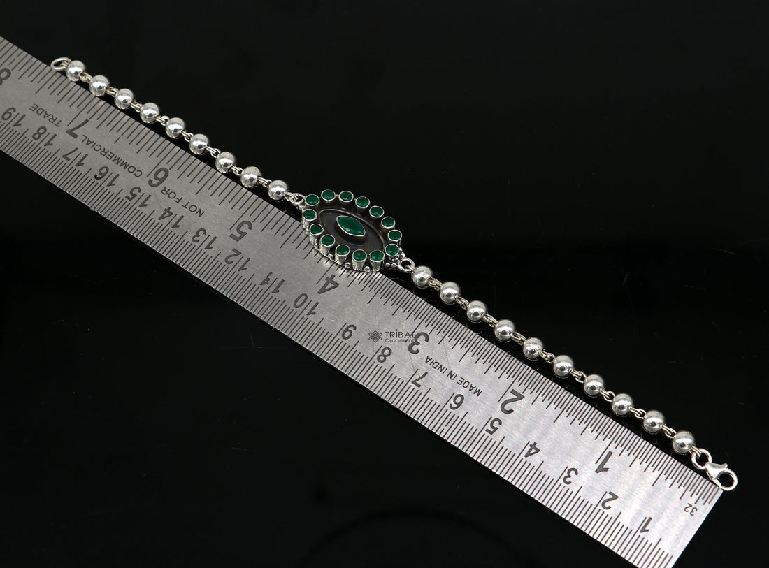 925 Sterling silver customized beaded bracelet with green color stone pendant. best gift for your special person unisex jewelry sbr678 - TRIBAL ORNAMENTS