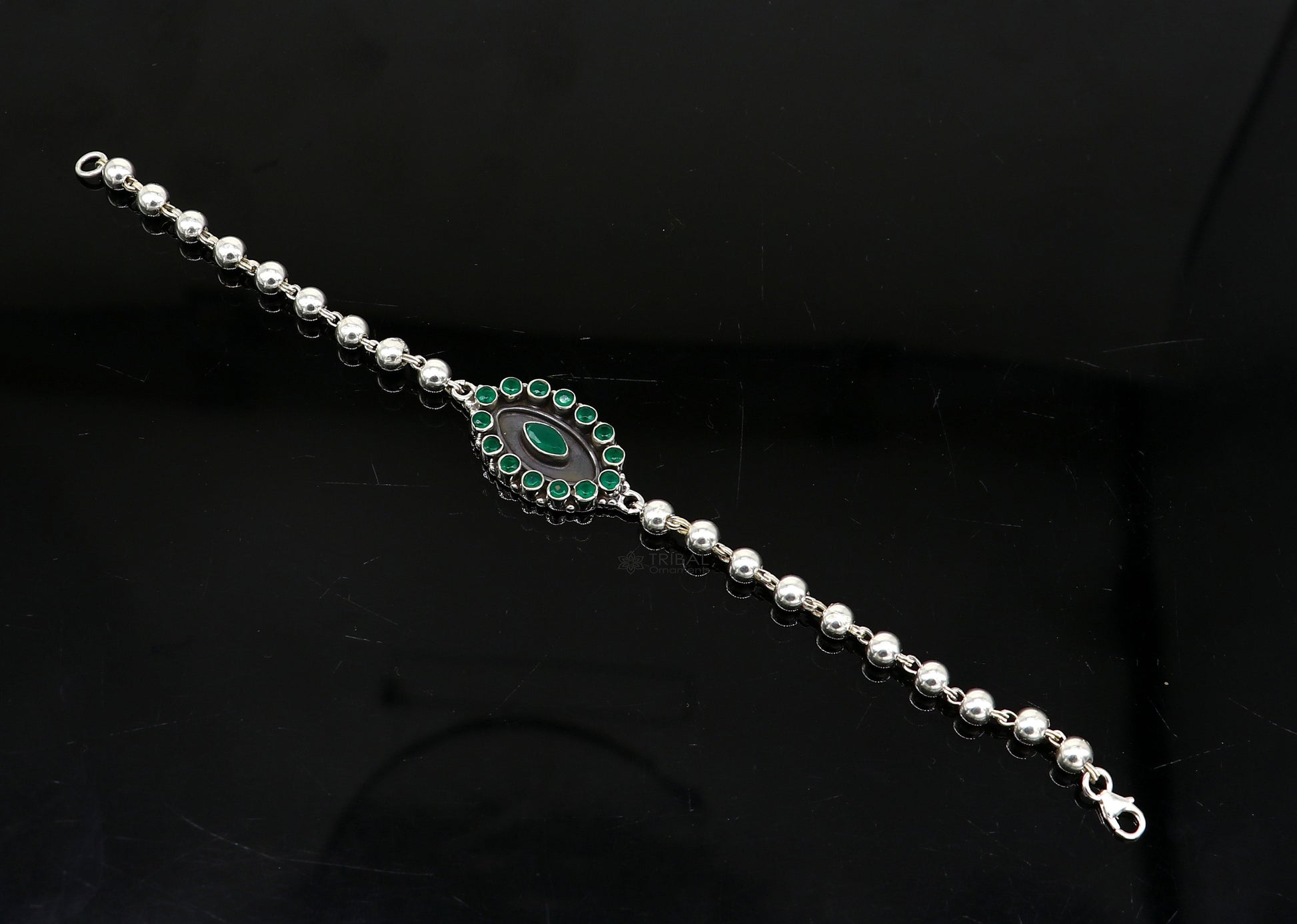 925 Sterling silver customized beaded bracelet with green color stone pendant. best gift for your special person unisex jewelry sbr678 - TRIBAL ORNAMENTS